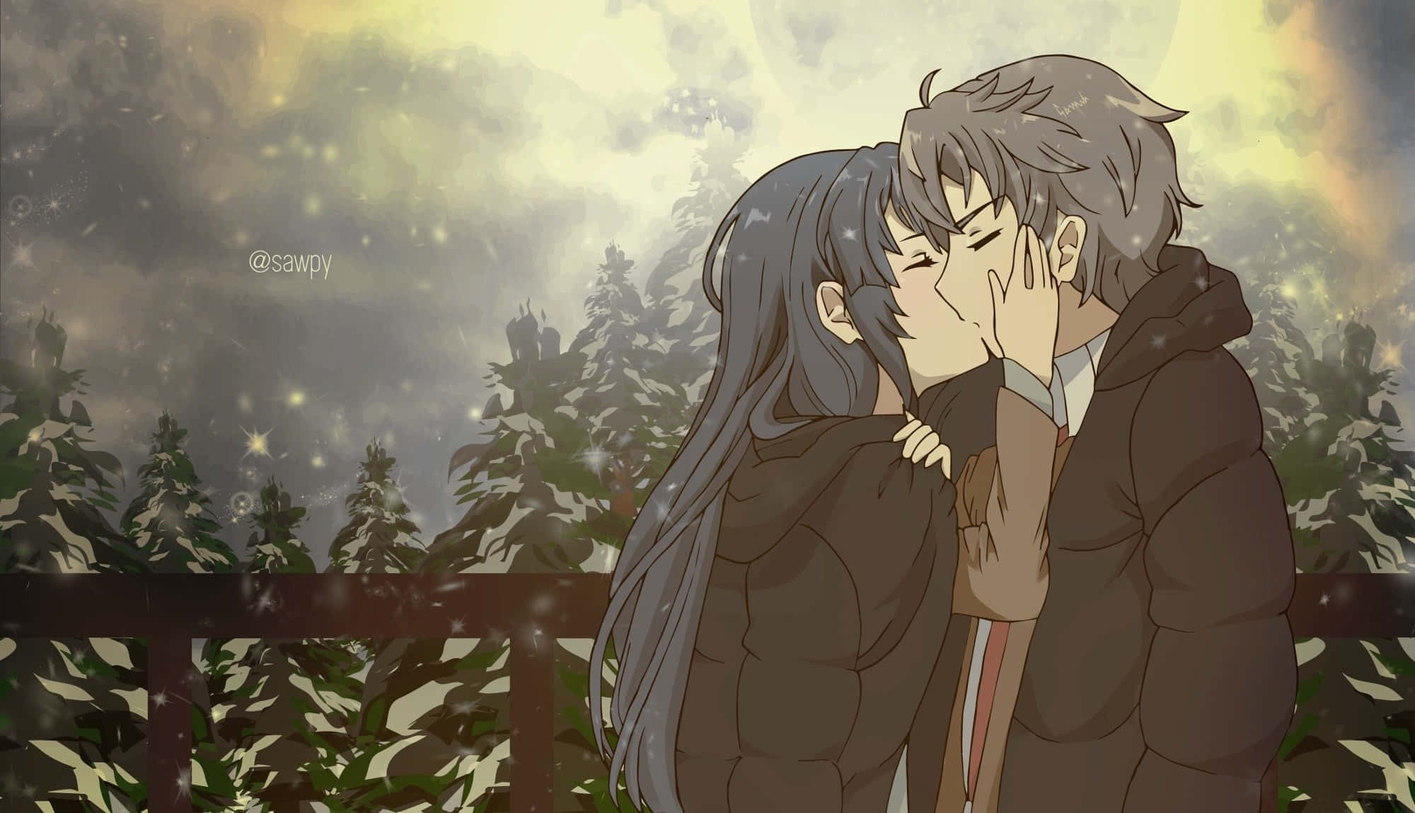 kiss cartoon, anime couple, snowy sky, Full HD Desktop Wallpaper