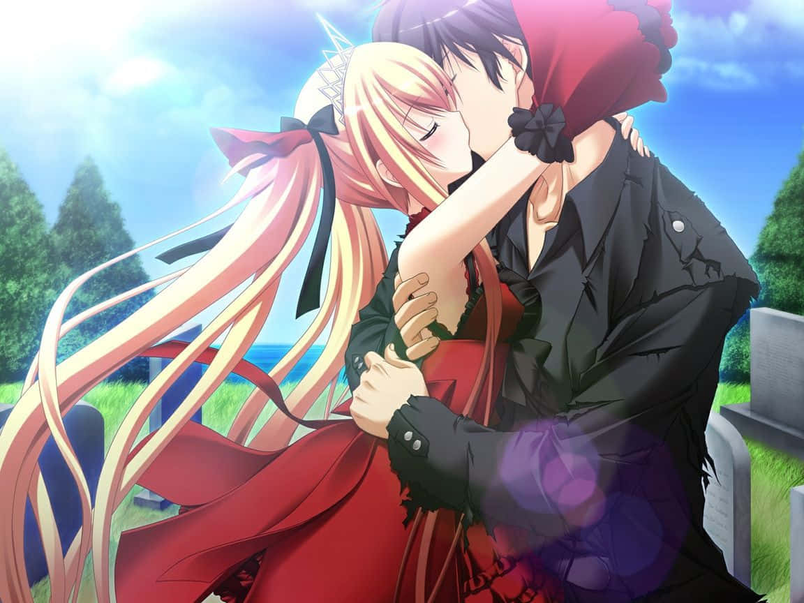 Kiss Cartoon, anime couple, sunlit cemetery, SD Desktop Wallpaper
