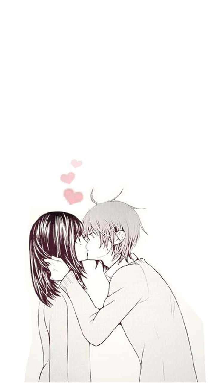 kiss cartoon, anime-style kiss, pink hearts, HD Phone Wallpaper
