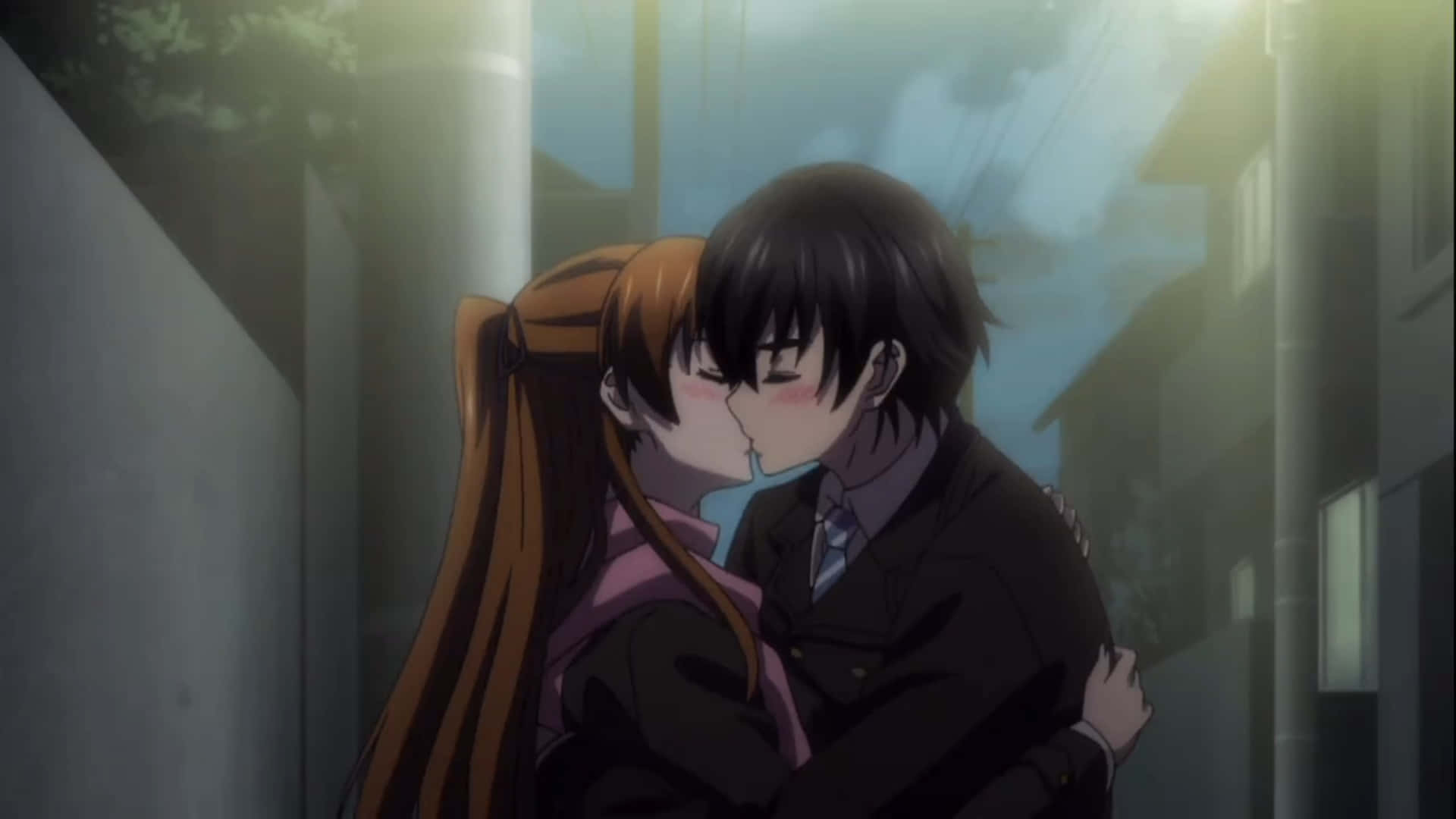 Kiss Cartoon, anime teens, tender kiss, Full HD Desktop Wallpaper