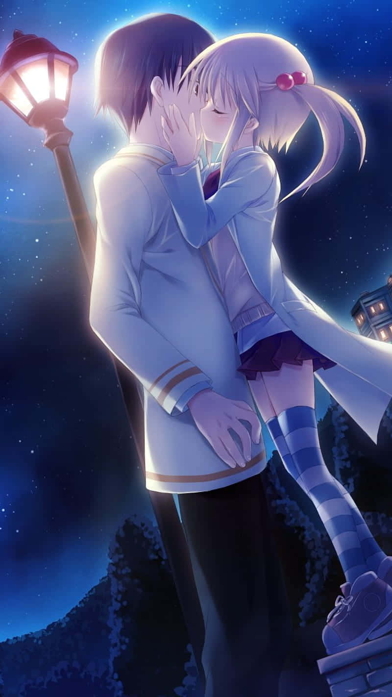 kiss cartoon, anime couple, glowing streetlamp, HD Phone Wallpaper