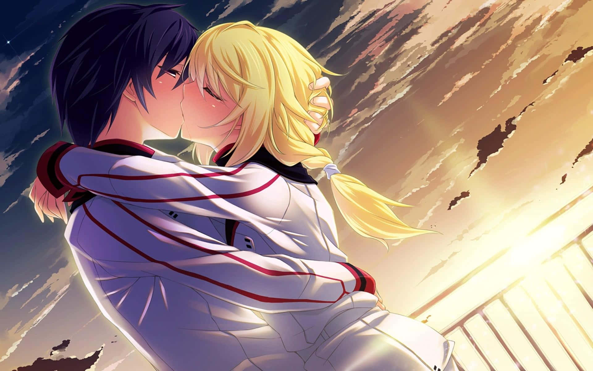 kiss cartoon, anime couple, dramatic sunset sky, Full HD Desktop Wallpaper