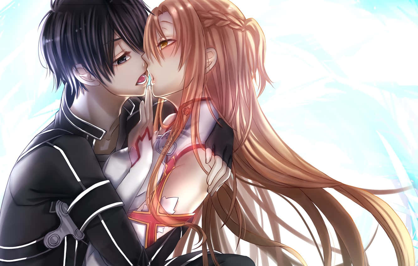 kiss cartoon, anime couple, glowing blue background, HD Desktop Wallpaper