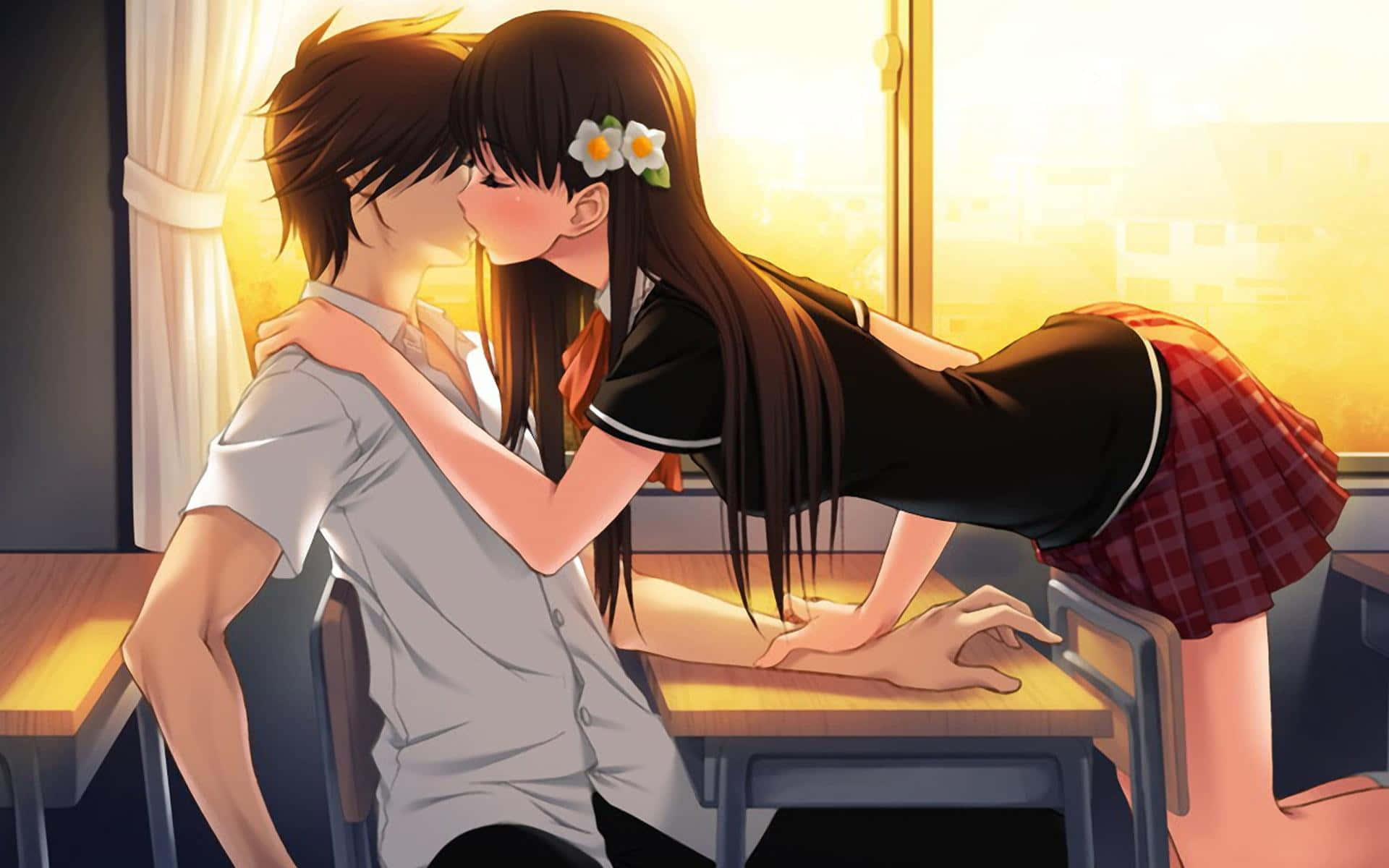 Kiss Cartoon, anime couple, tender kiss, Full HD Desktop Wallpaper