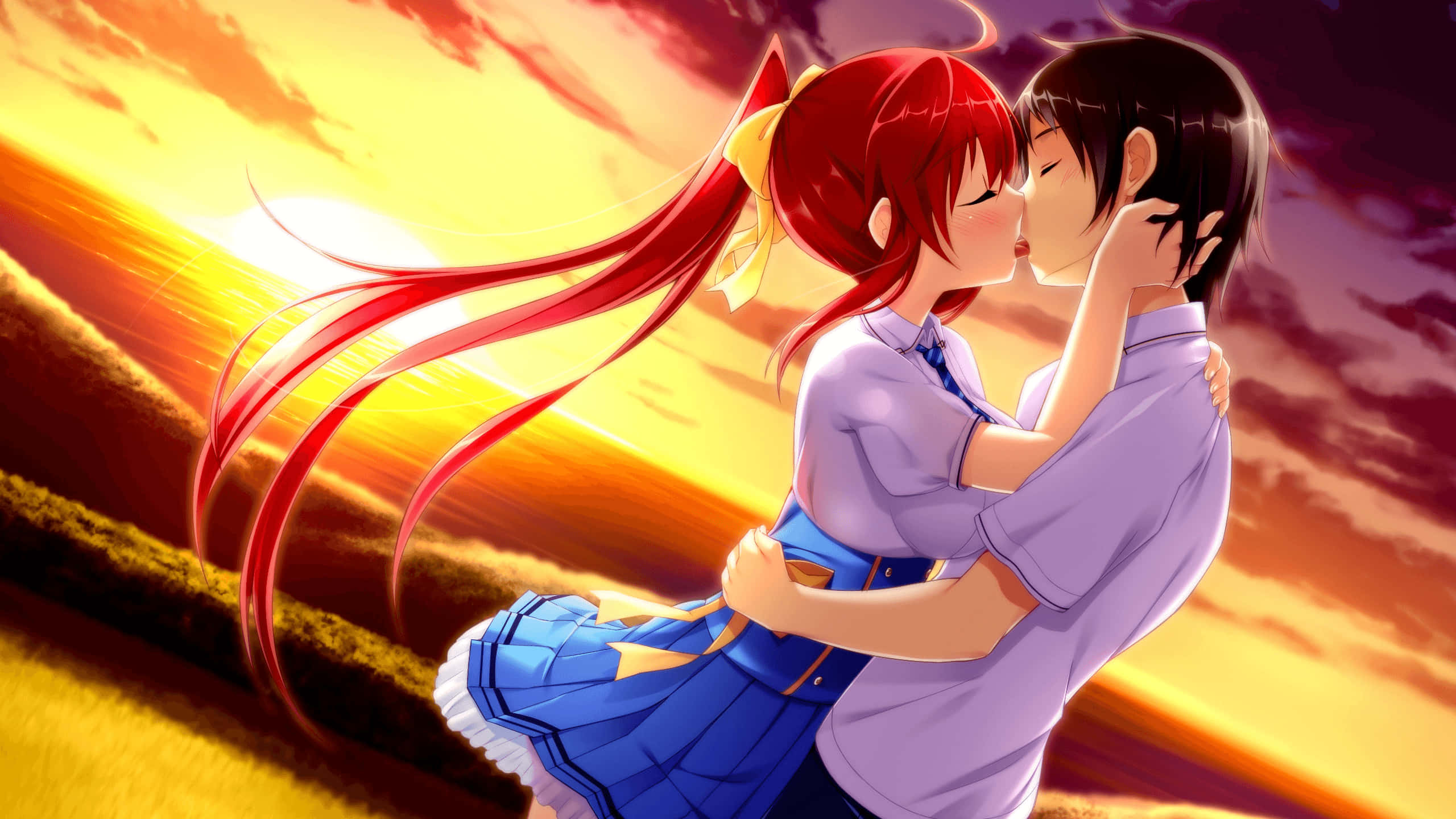 Kiss Cartoon, red-haired anime girl, blue skirt, 2K Desktop Wallpaper