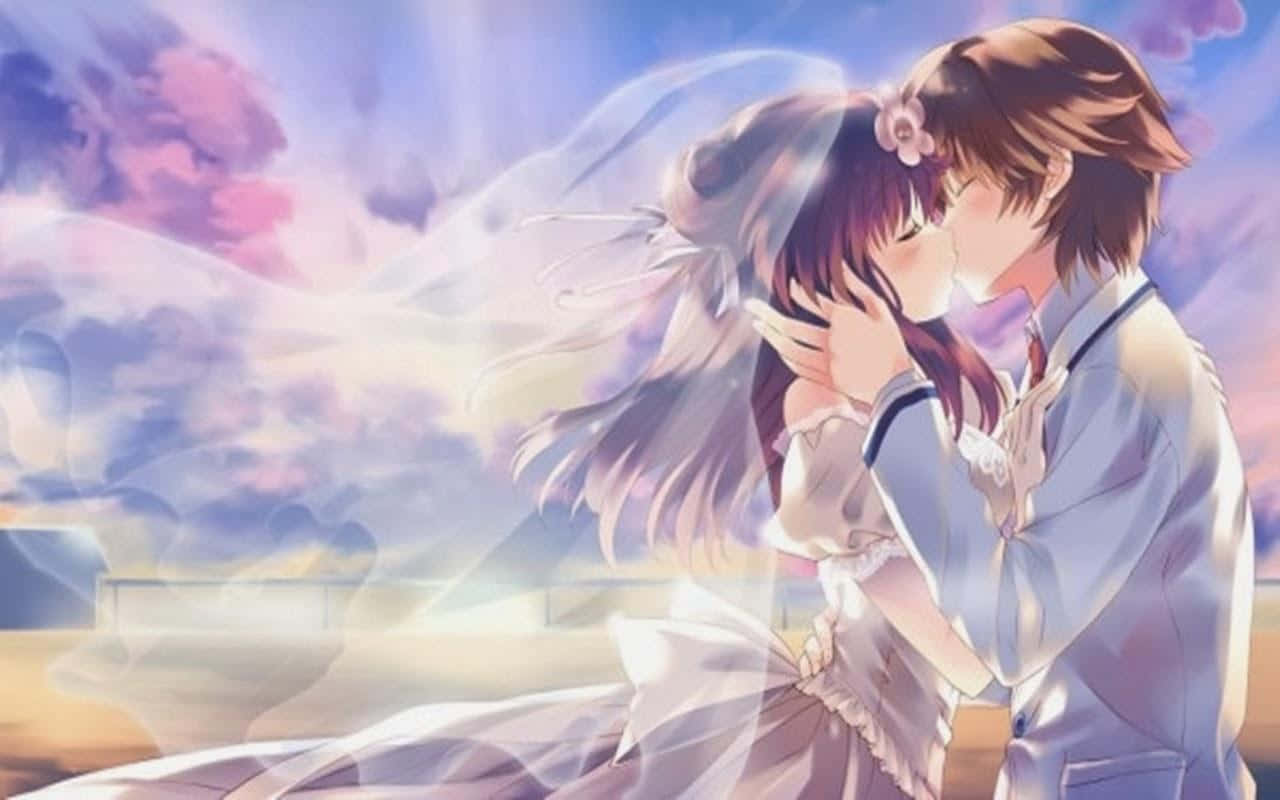 Kiss Cartoon, pastel sky, flowing veils, HD Desktop Wallpaper