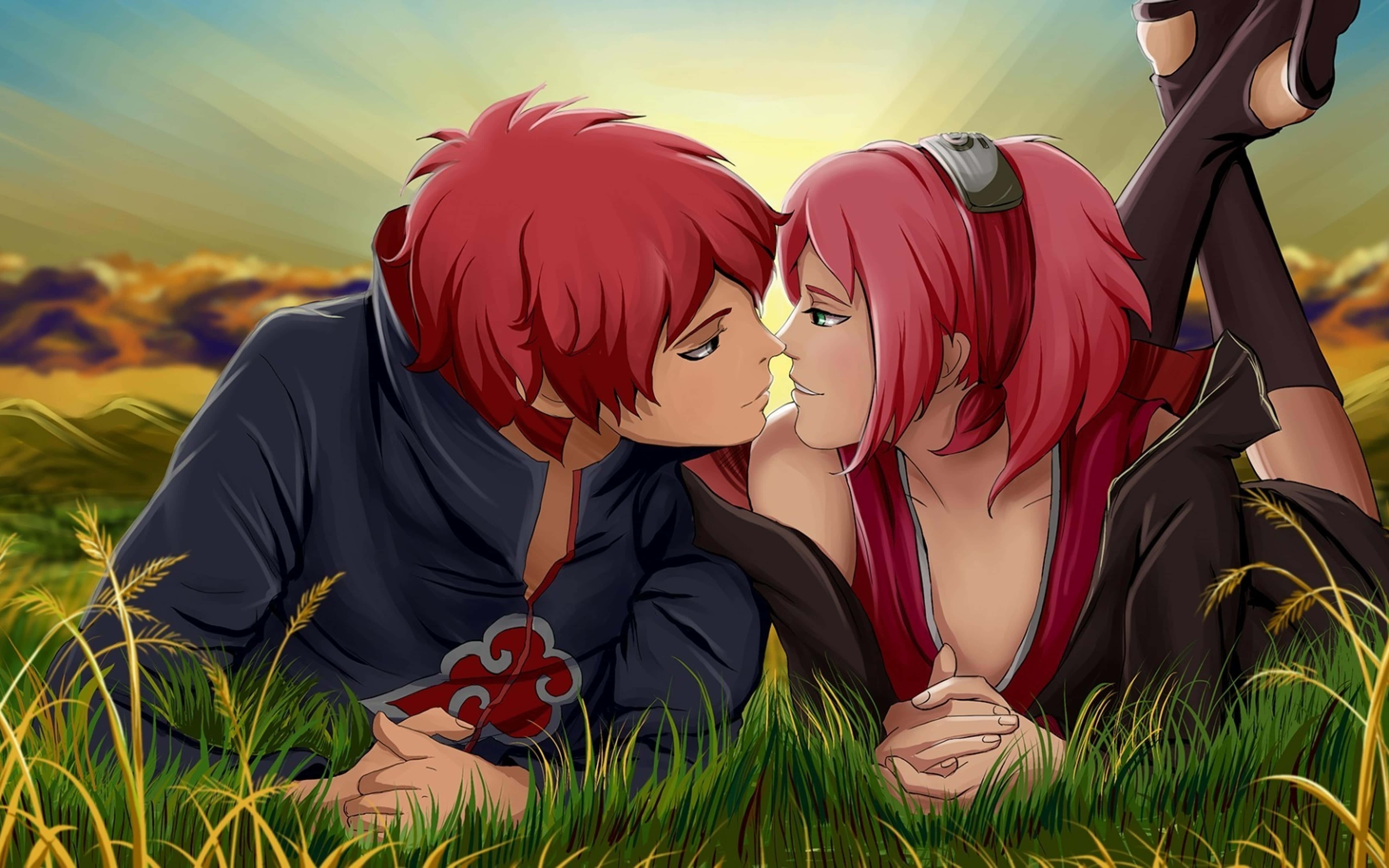 Kiss Cartoon, red hair, intimate moment, 5K Desktop Wallpaper