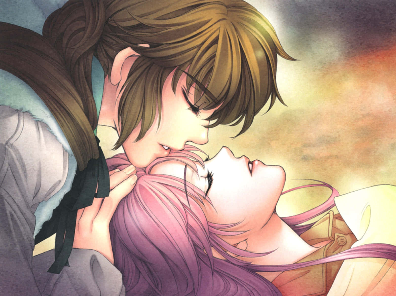 kiss cartoon, brown-haired boy, pink-haired girl, HD Desktop Wallpaper