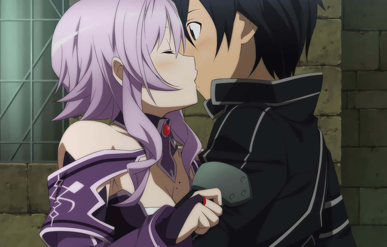 Kiss Cartoon, purple-haired anime girl, black-haired boy, HD Desktop Wallpaper