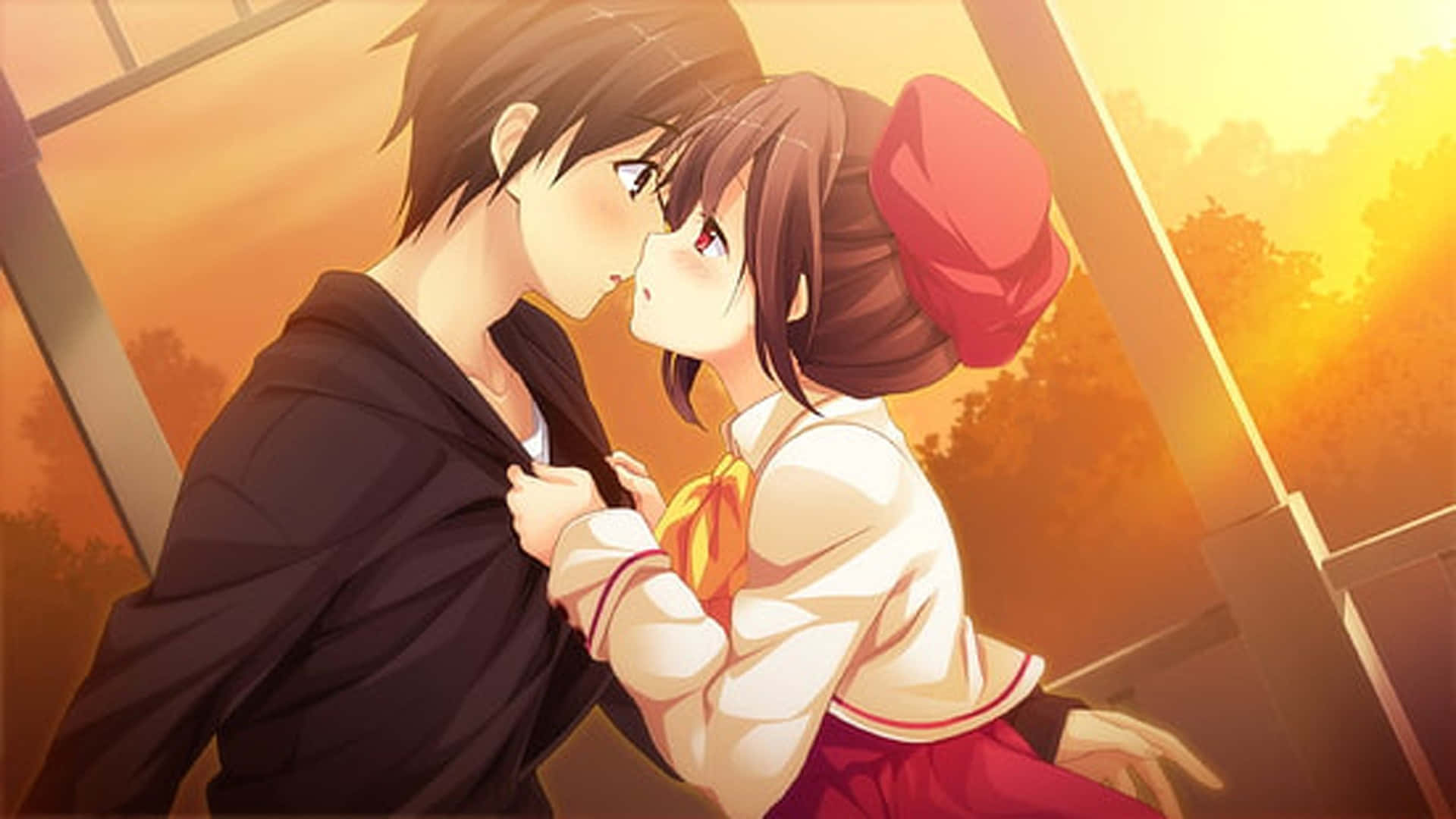 Kiss Cartoon, anime couple, school uniforms, Full HD Desktop Wallpaper