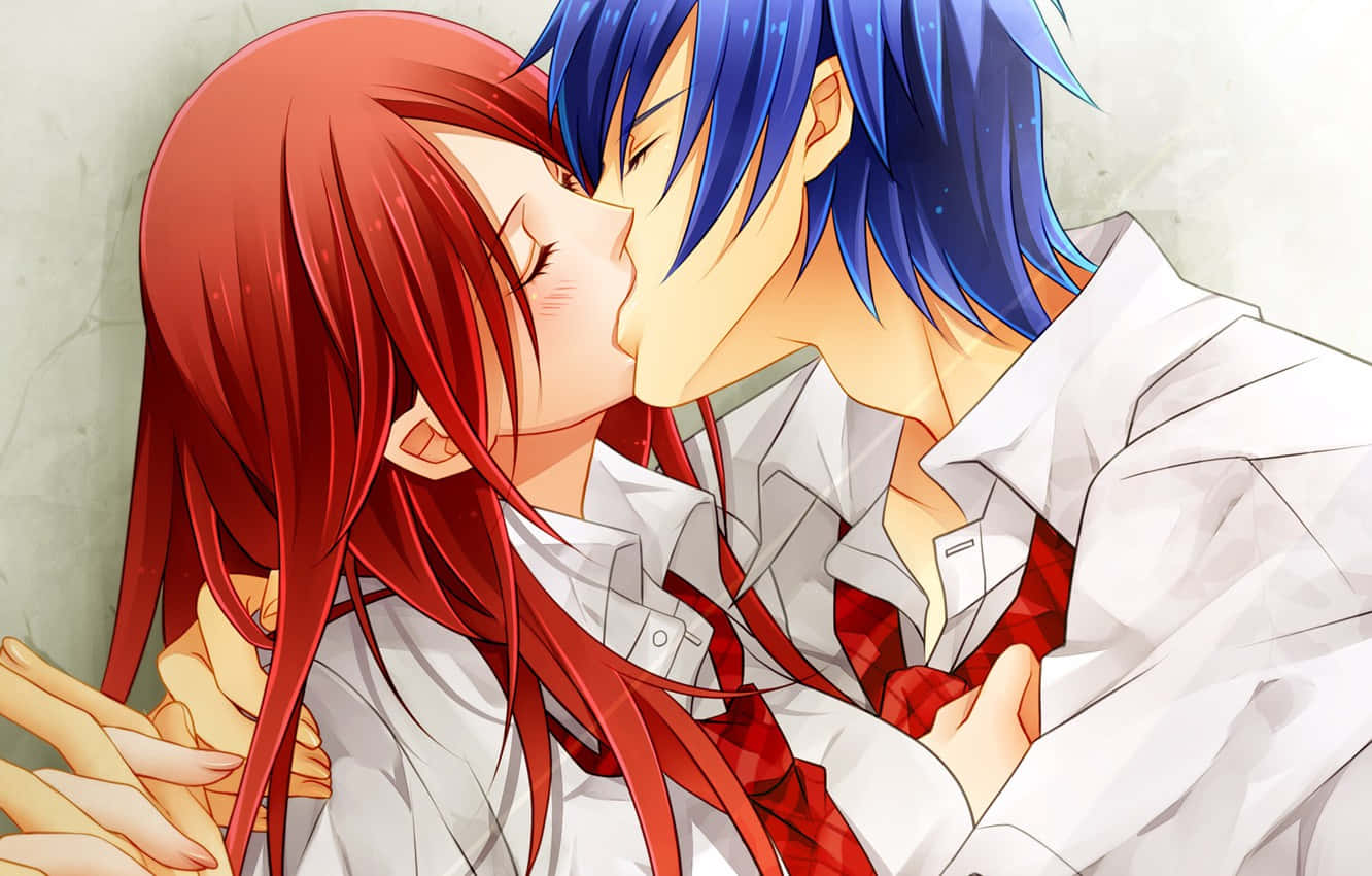 Kiss Cartoon, red-haired girl, blue-haired boy, HD Desktop Wallpaper