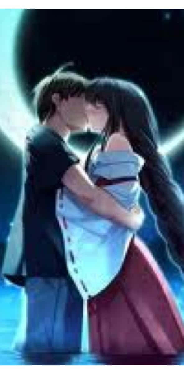 Kiss Cartoon, glowing crescent moon, dreamy blue night scene, SD Phone Wallpaper