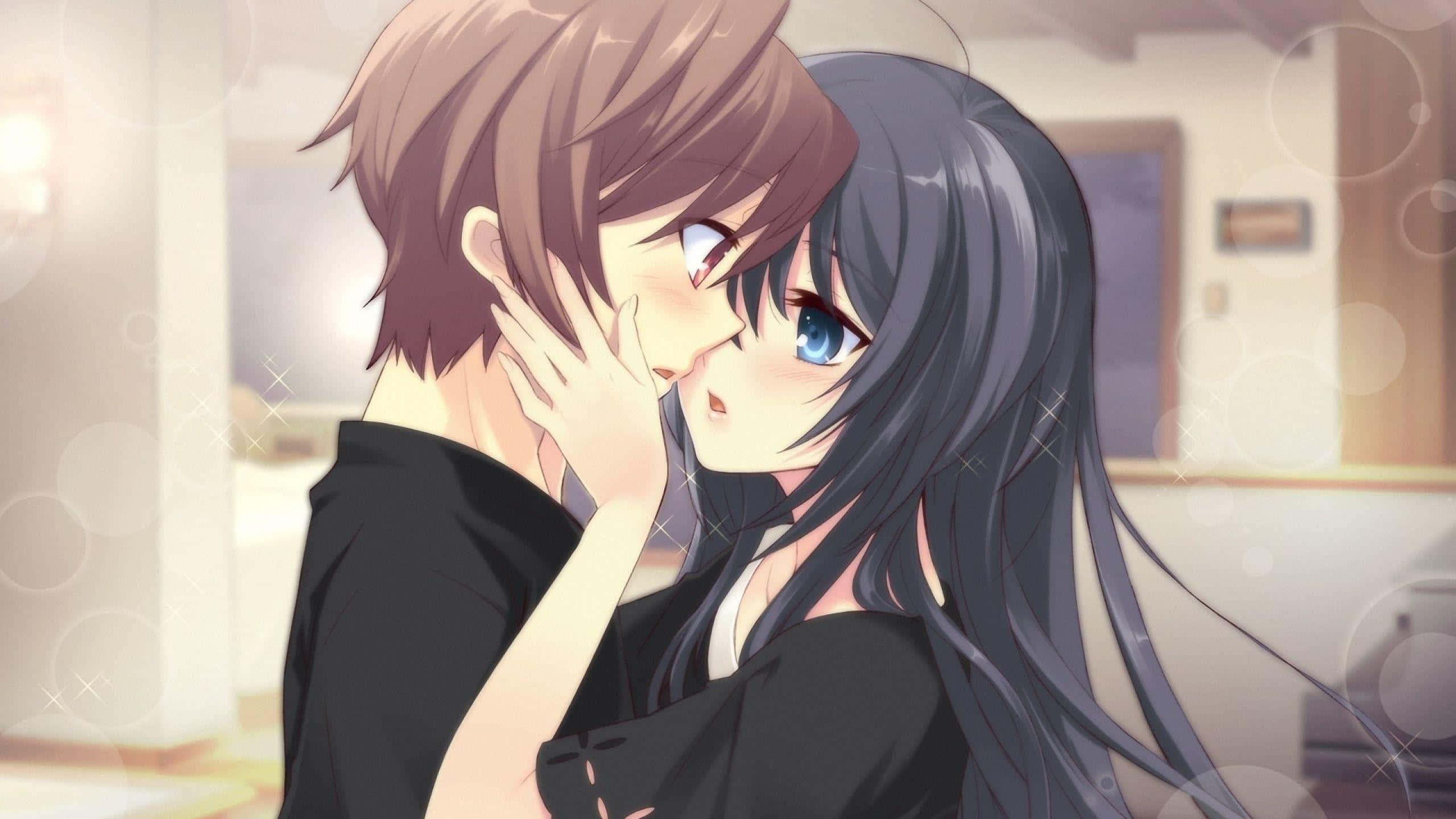 Kiss Cartoon, anime couple, soft lighting, 2K Desktop Wallpaper