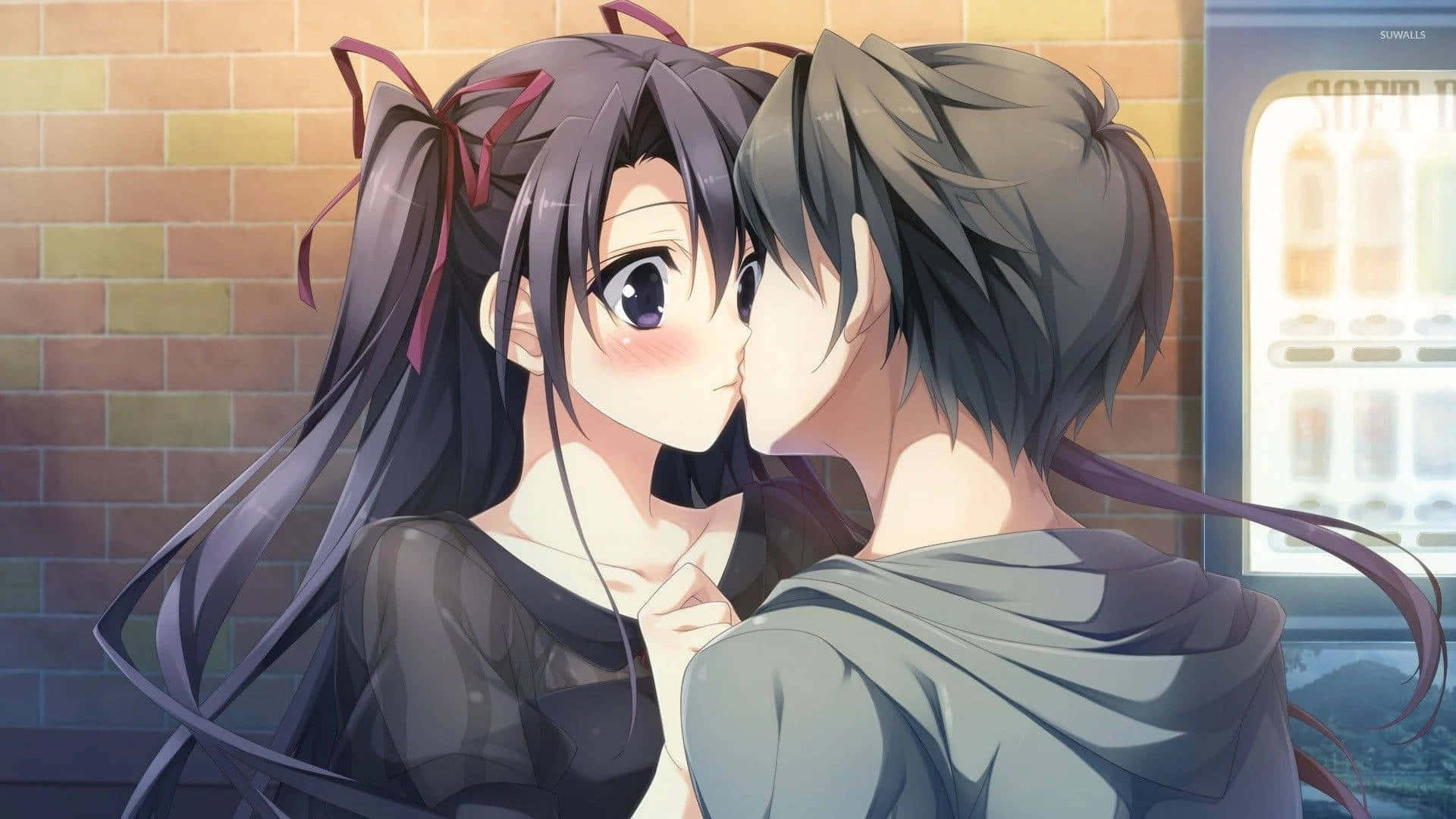 Kiss Cartoon, anime couple, brick wall, Full HD Desktop Wallpaper