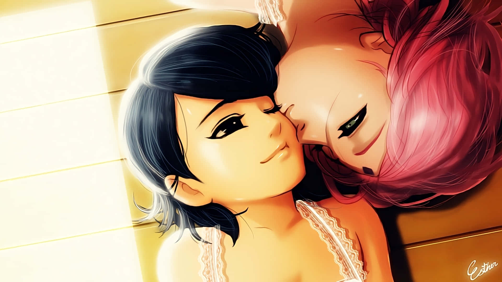 kiss cartoon, anime characters, soft golden lighting, Full HD Desktop Wallpaper