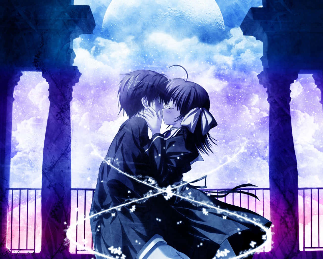 kiss cartoon, moonlit sky, anime teens, HD Desktop Wallpaper