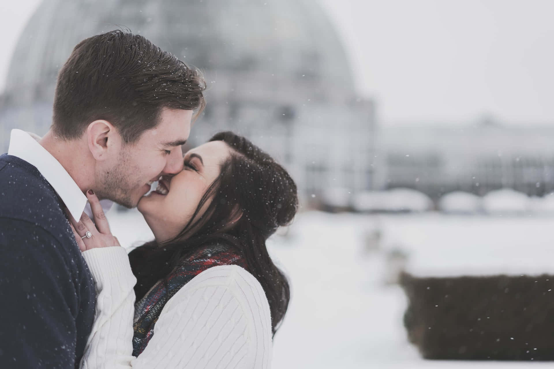 couple, kissing lips, snow, Full HD Desktop Wallpaper