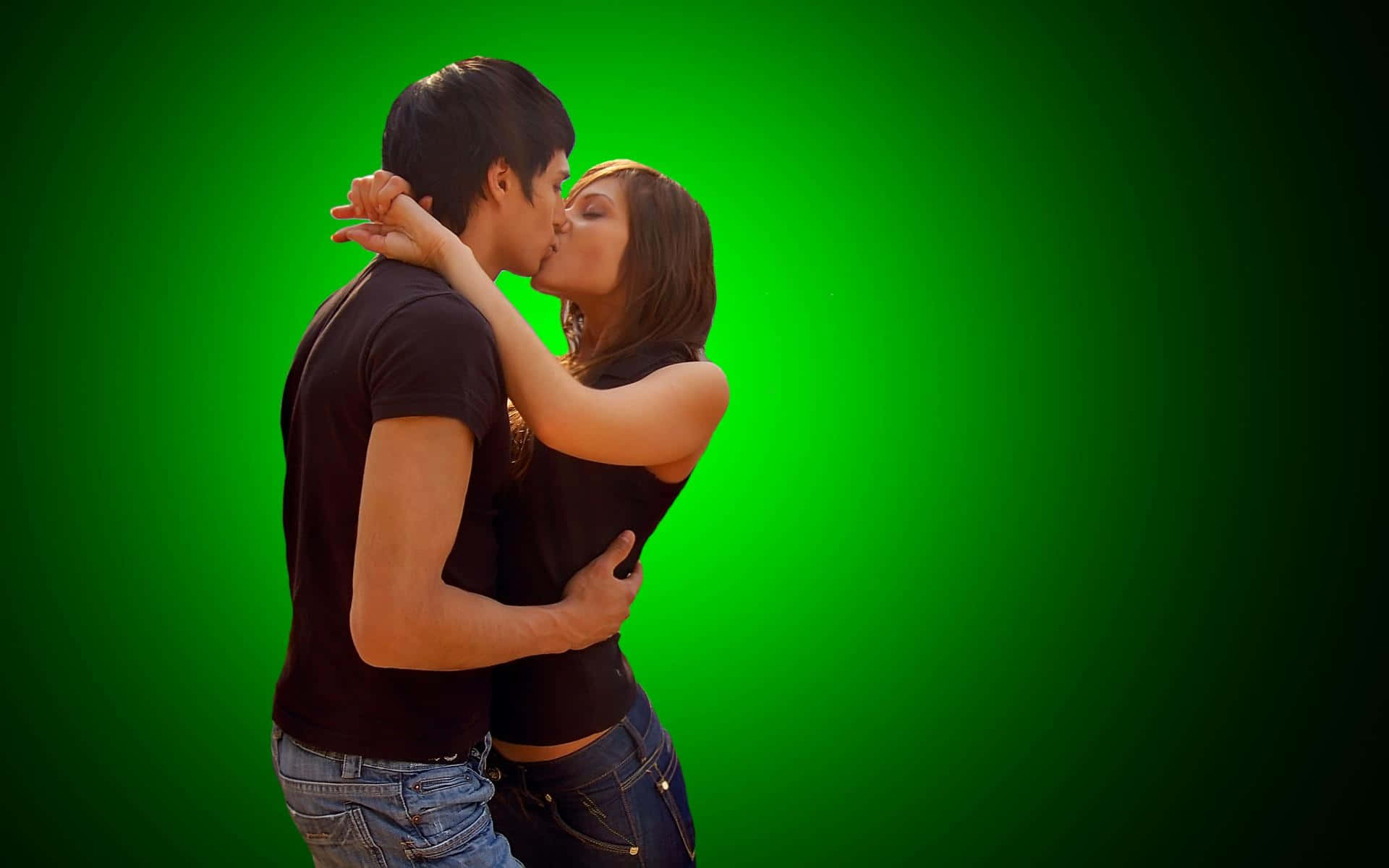 lovely couple, kissing each lips, vibrant green gradient backdrop, Full HD Desktop Wallpaper