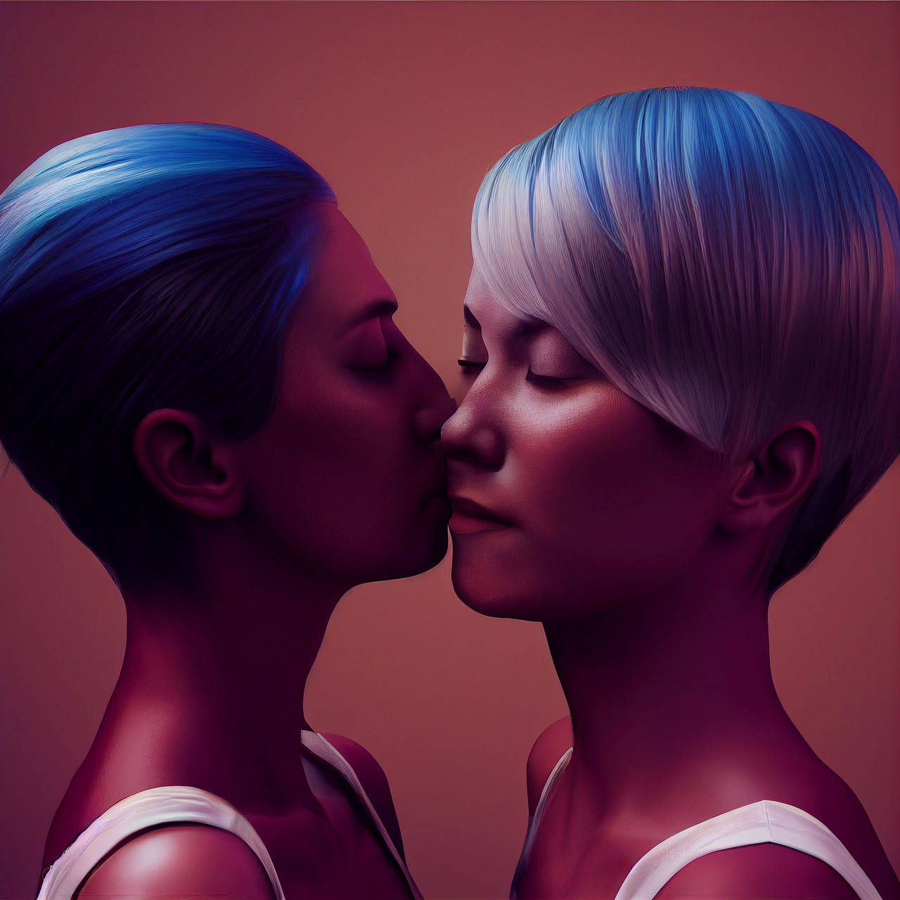 blue hair, two women, kissing, HD Desktop Wallpaper