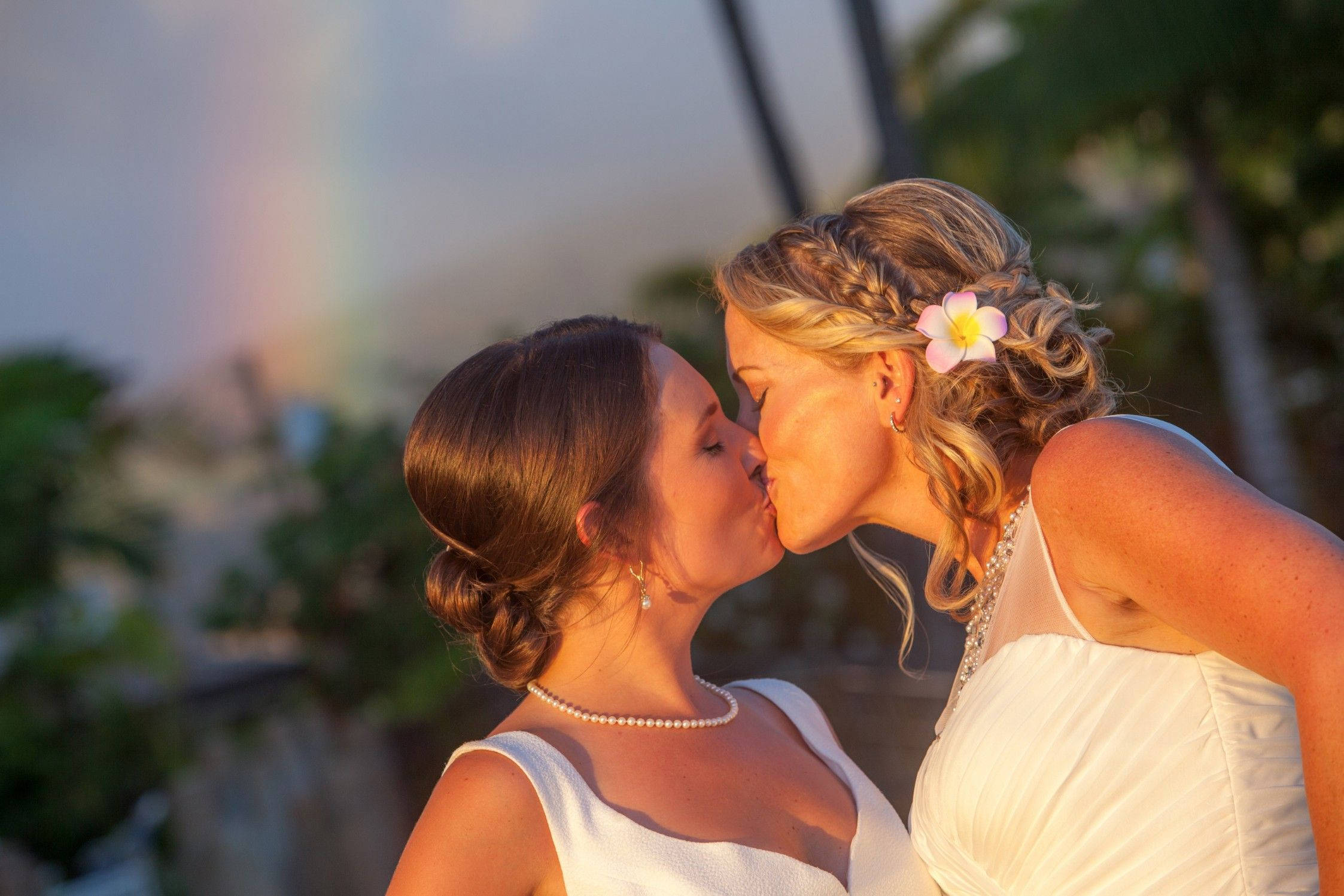 rainbow, golden sunset, white wedding dresses, Full HD Desktop Wallpaper