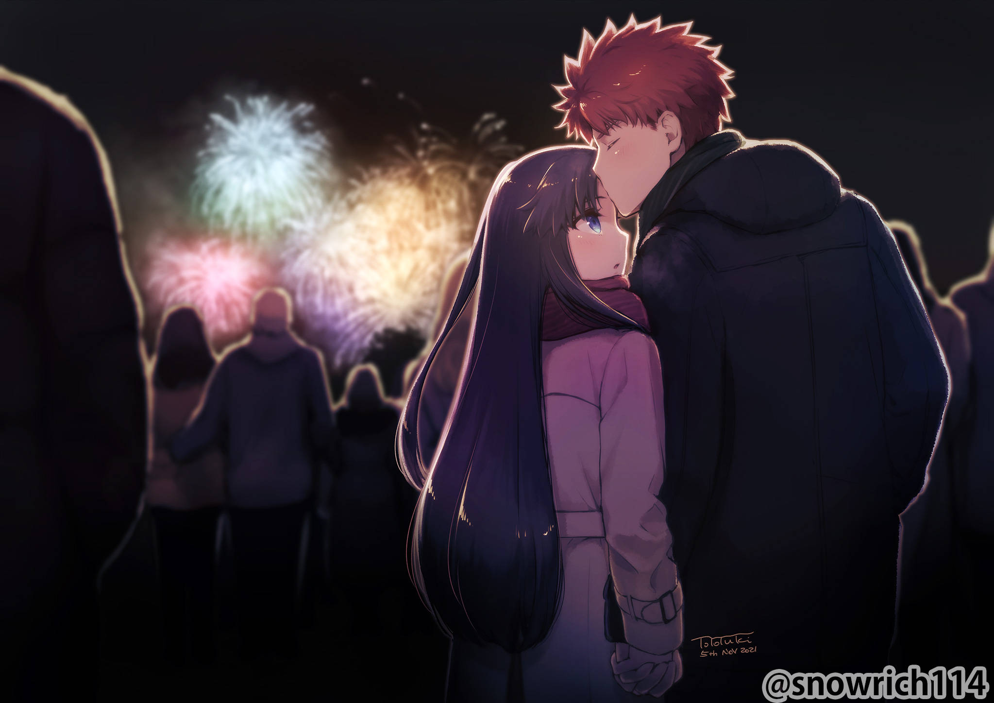 anime, forehead kissing, fireworks, Full HD Desktop Wallpaper