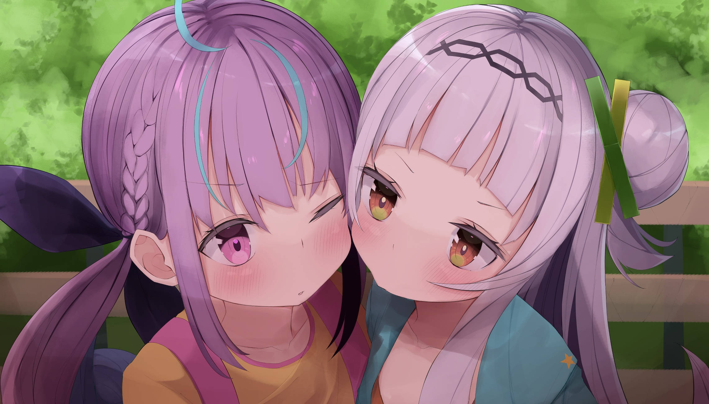 2nd gen hololive girls, purple hair, outdoors, Full HD Desktop Wallpaper
