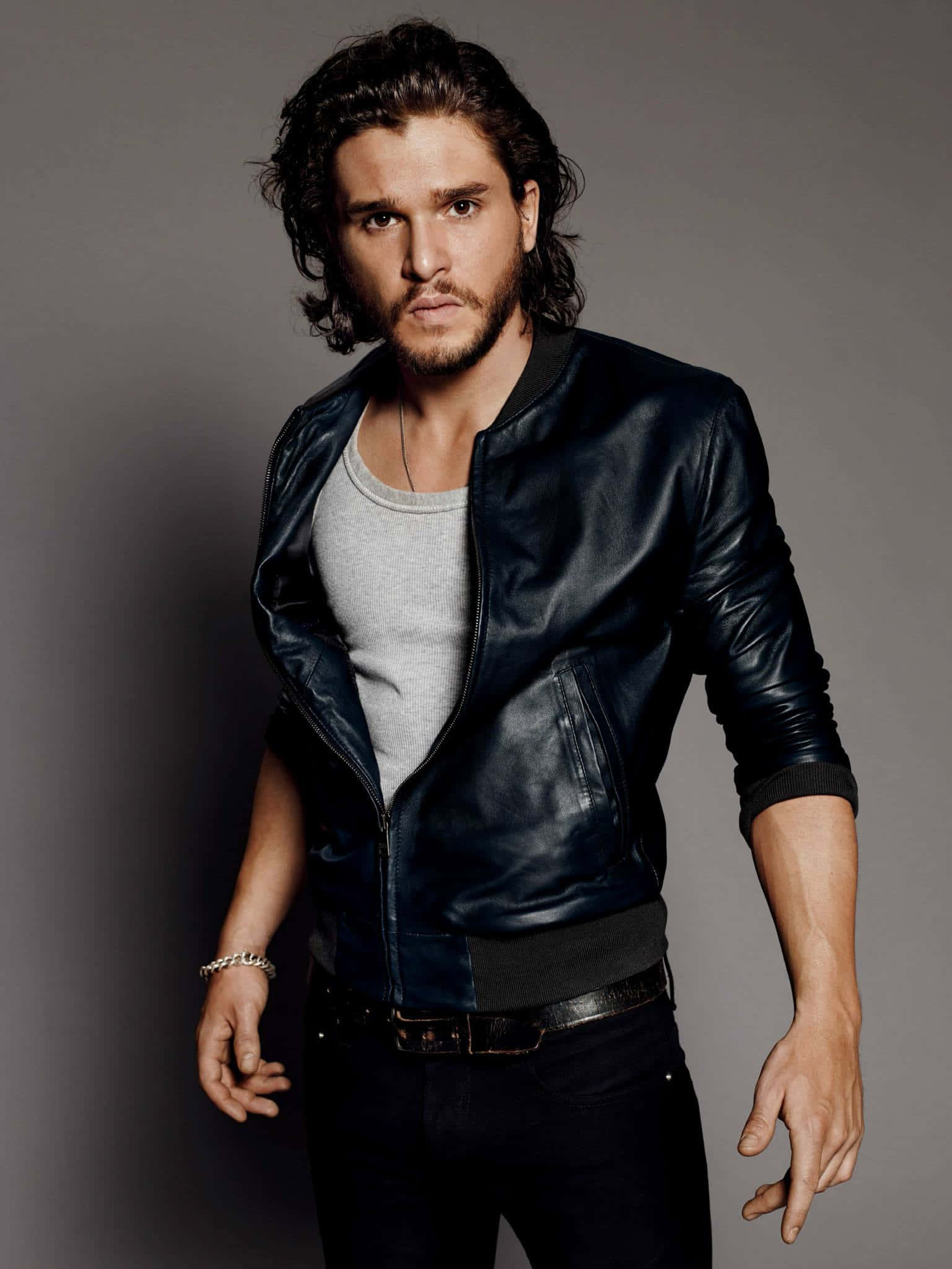 Kit Harington, black leather jacket, gray tee, Full HD Phone Wallpaper