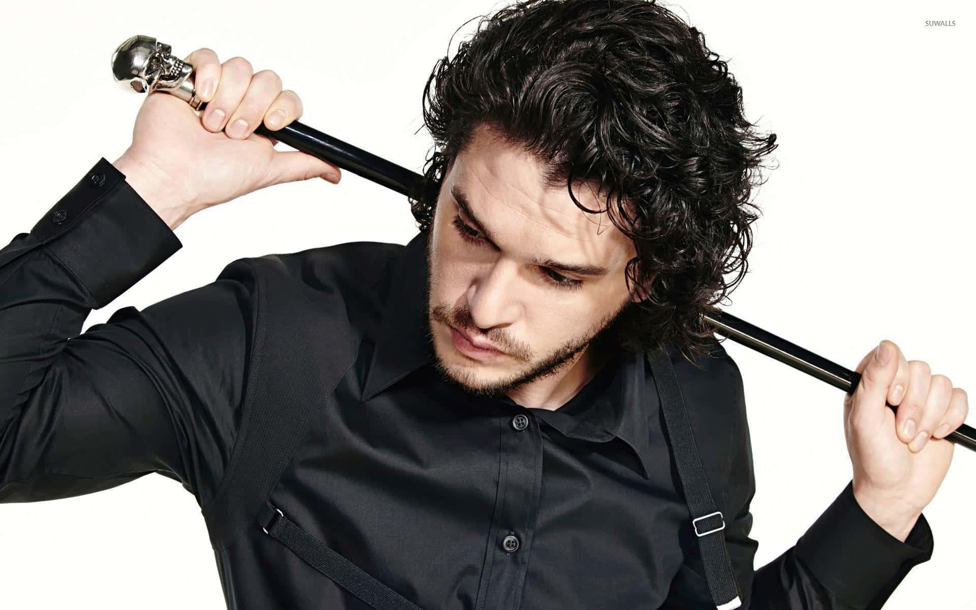 Kit Harington, skull-topped cane, dark curly hair, Full HD Desktop Wallpaper