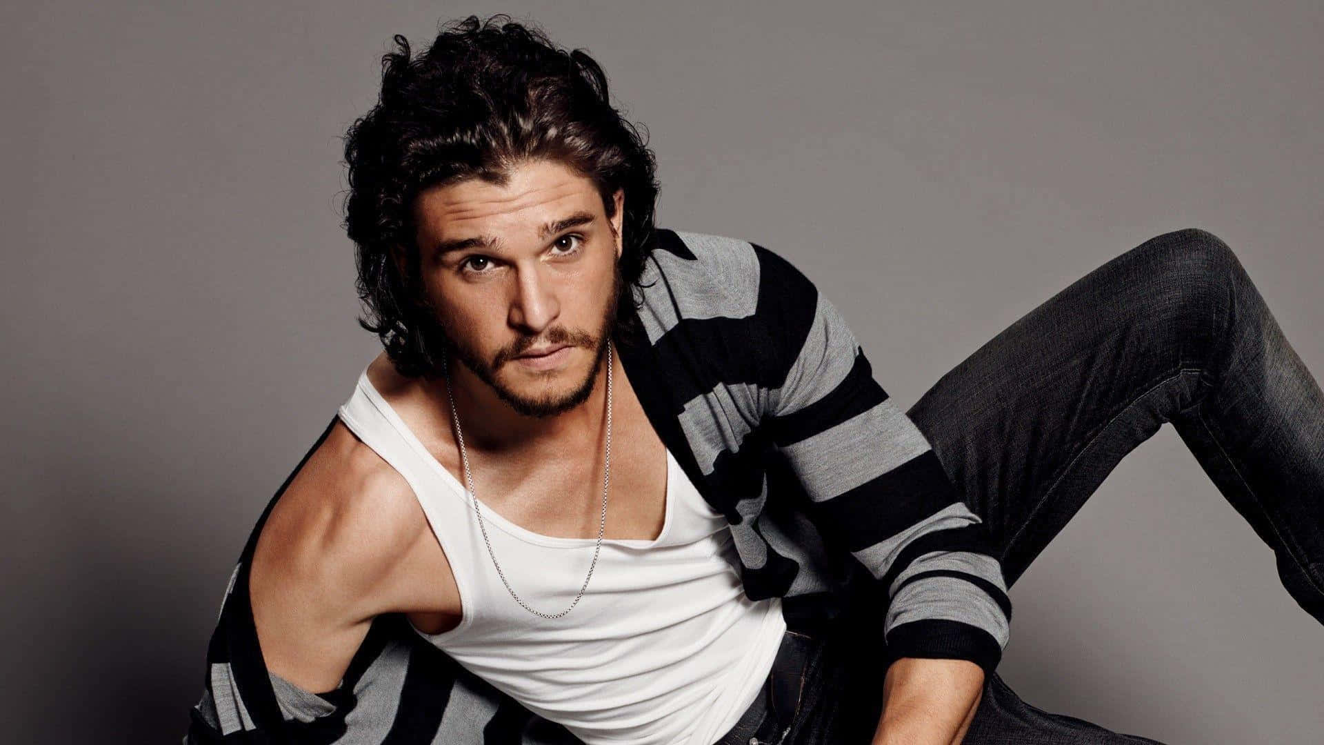Kit Harington, white tank top, striped cardigan, Full HD Desktop Wallpaper