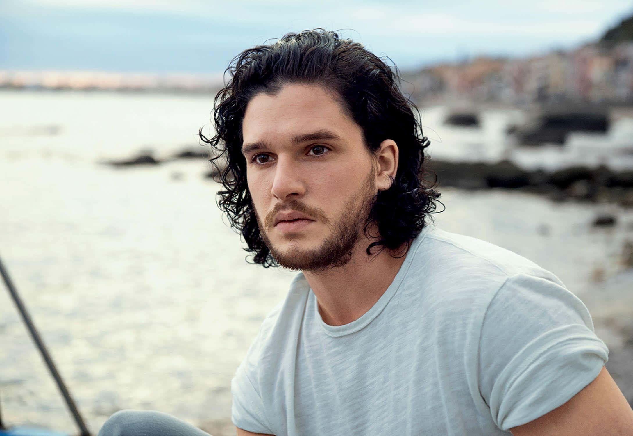 Kit Harington, black suit, coastal town, Full HD Desktop Wallpaper