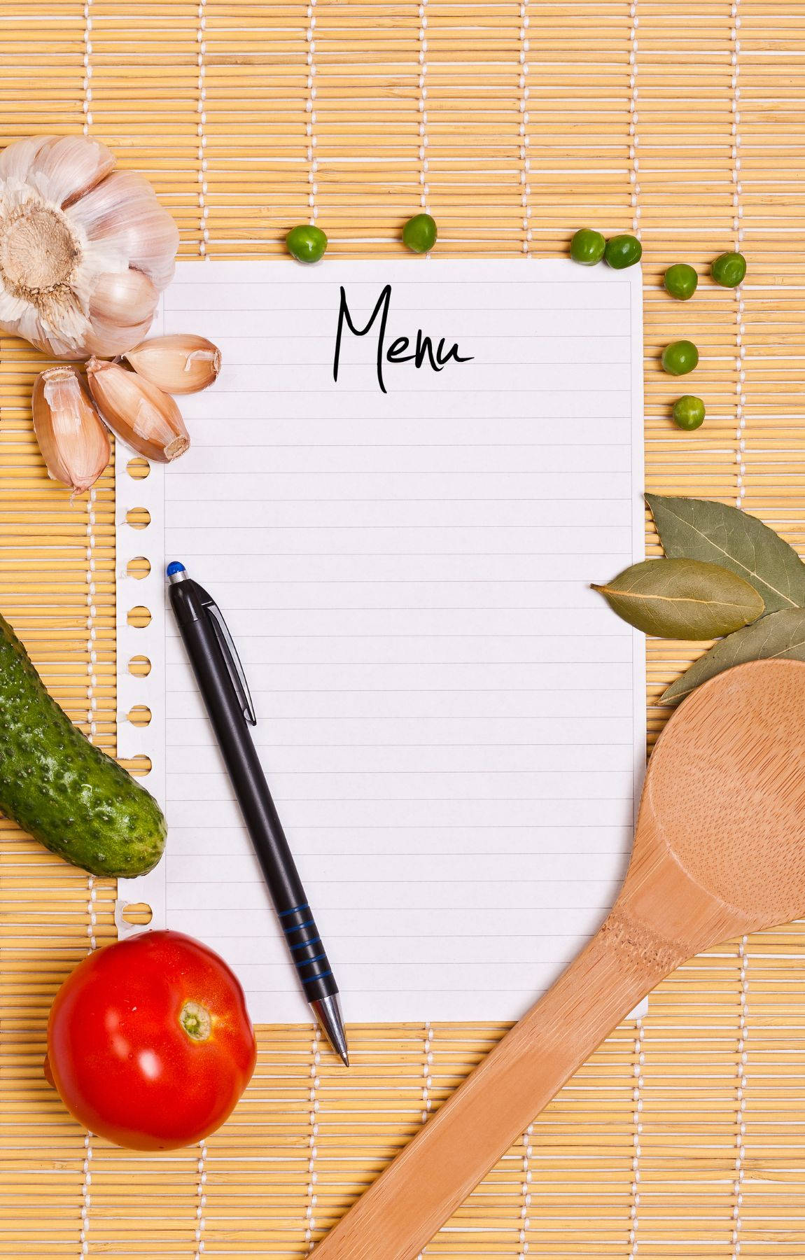 blank menu notebook, fresh vegetables, kitchen tools, HD Phone Wallpaper