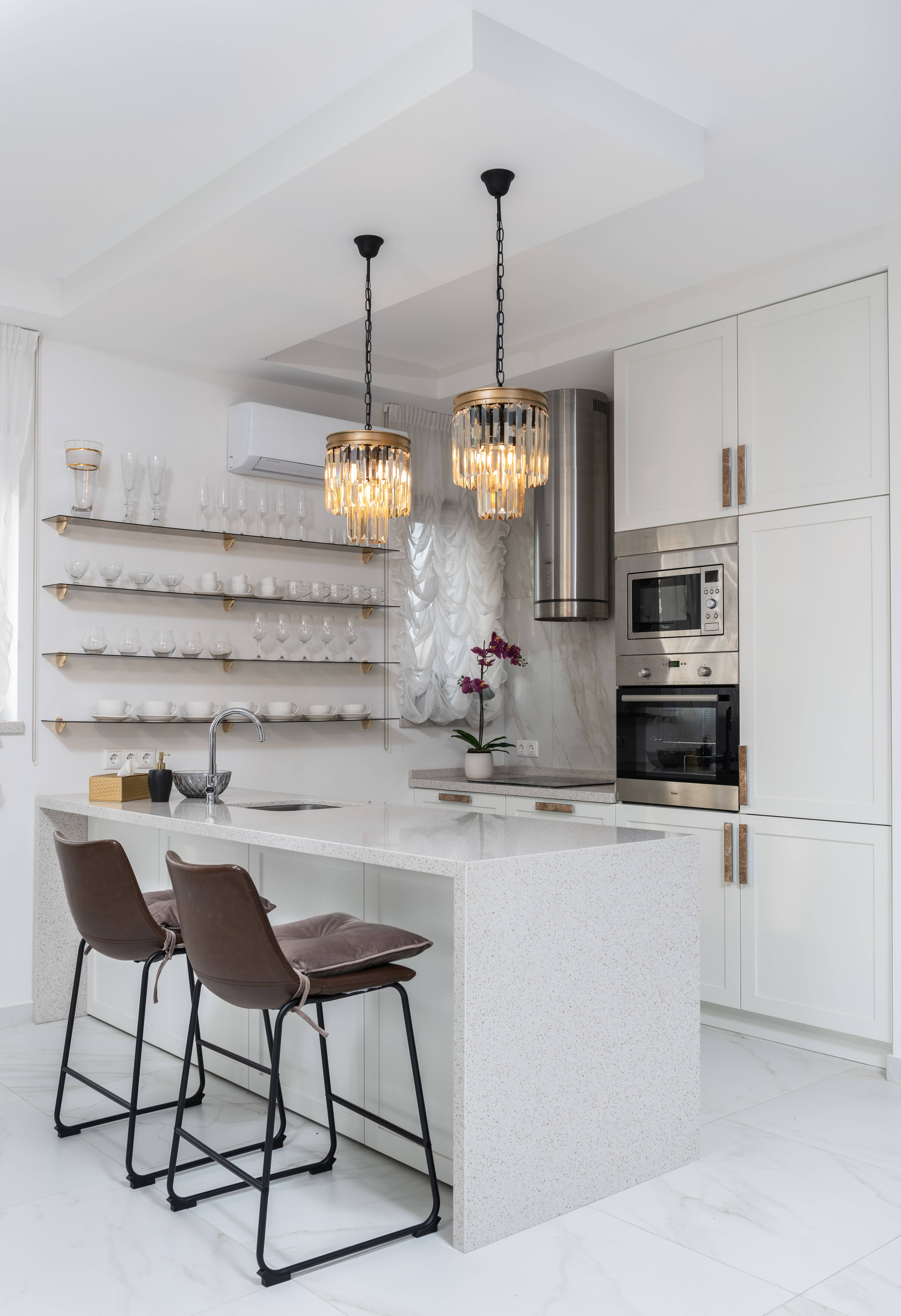 white kitchen, two leather chairs, white cabinets, 5K Phone Wallpaper