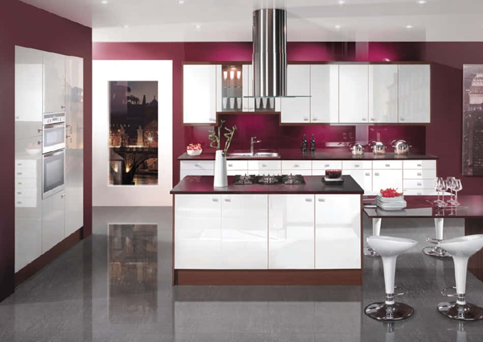 modern kitchen, glossy white cabinets, burgundy walls, SD Desktop Wallpaper