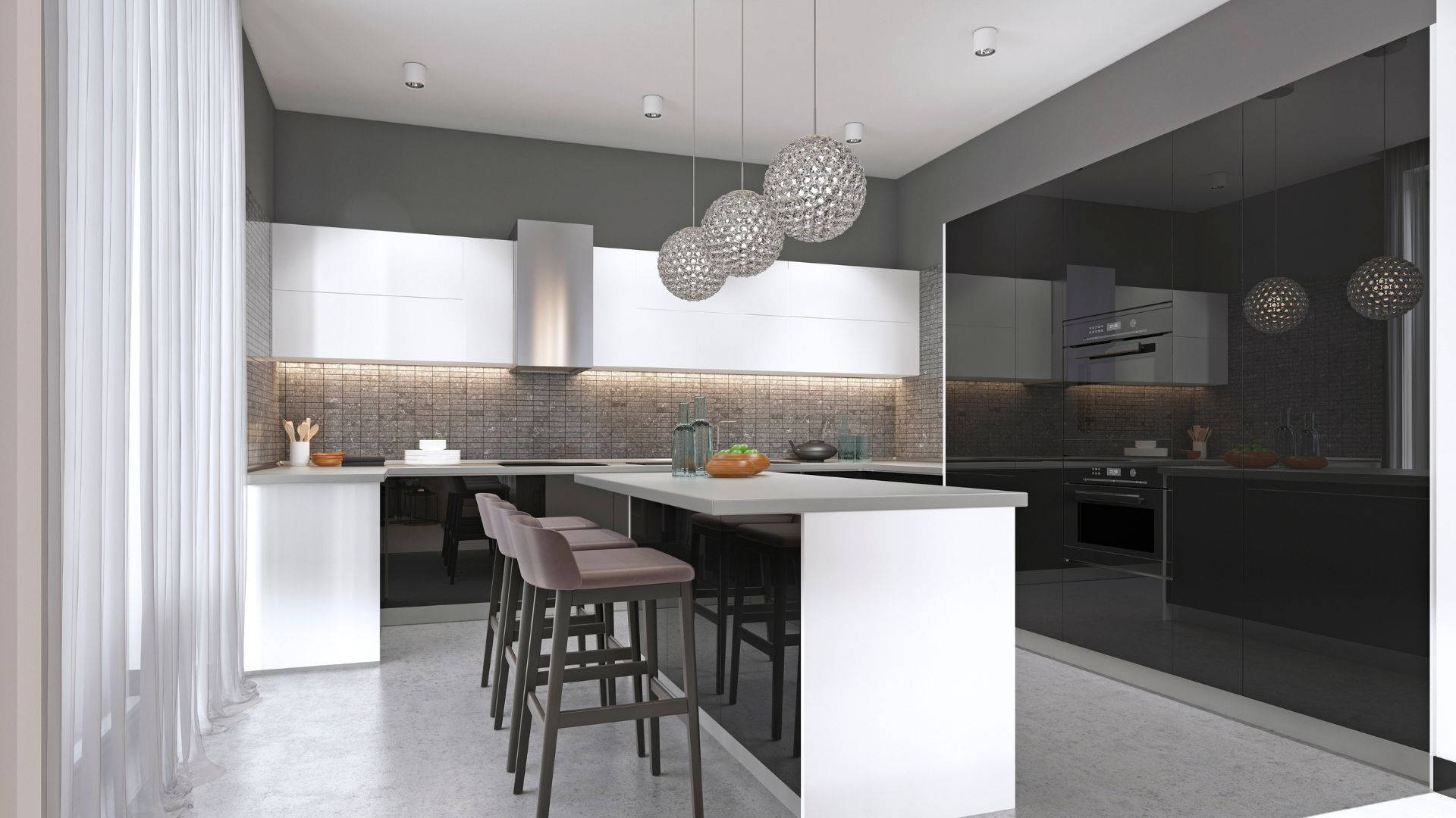 minimalist kitchen, white cabinetry, black glossy surfaces, Full HD Desktop Wallpaper
