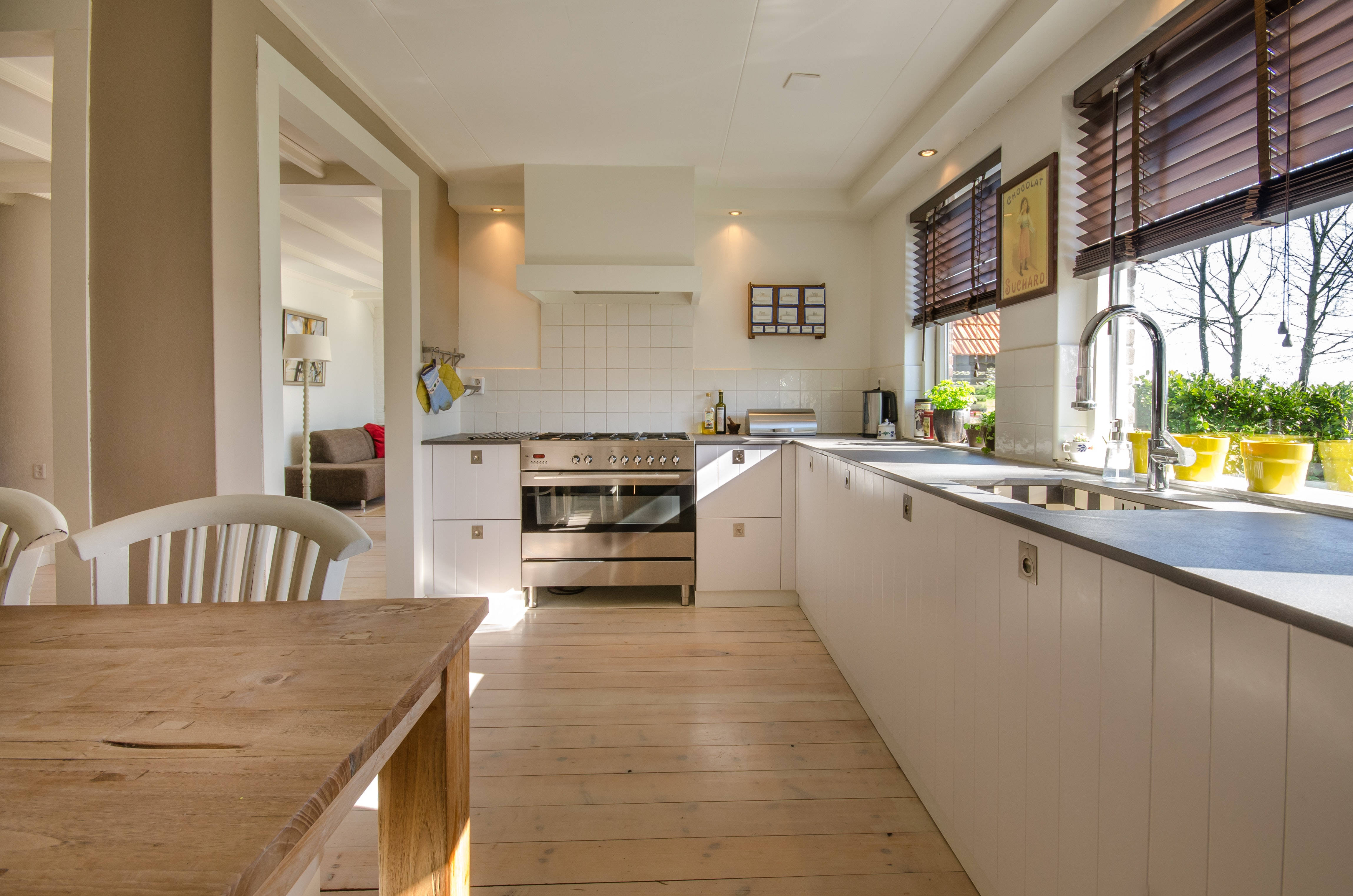 wide island kitchen layout, white cabinets, wooden floors, 4K Desktop Wallpaper