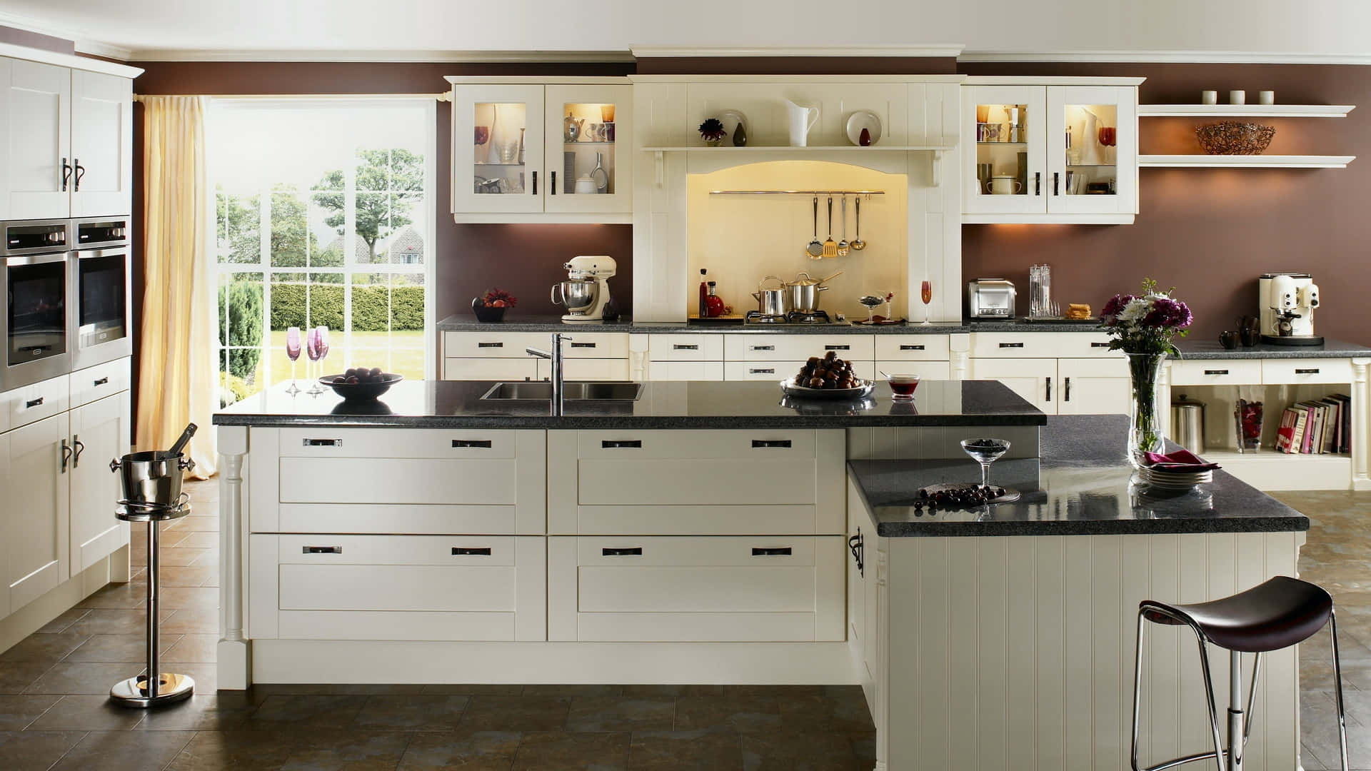 modern kitchen, white island, white cabinetry, Full HD Desktop Wallpaper
