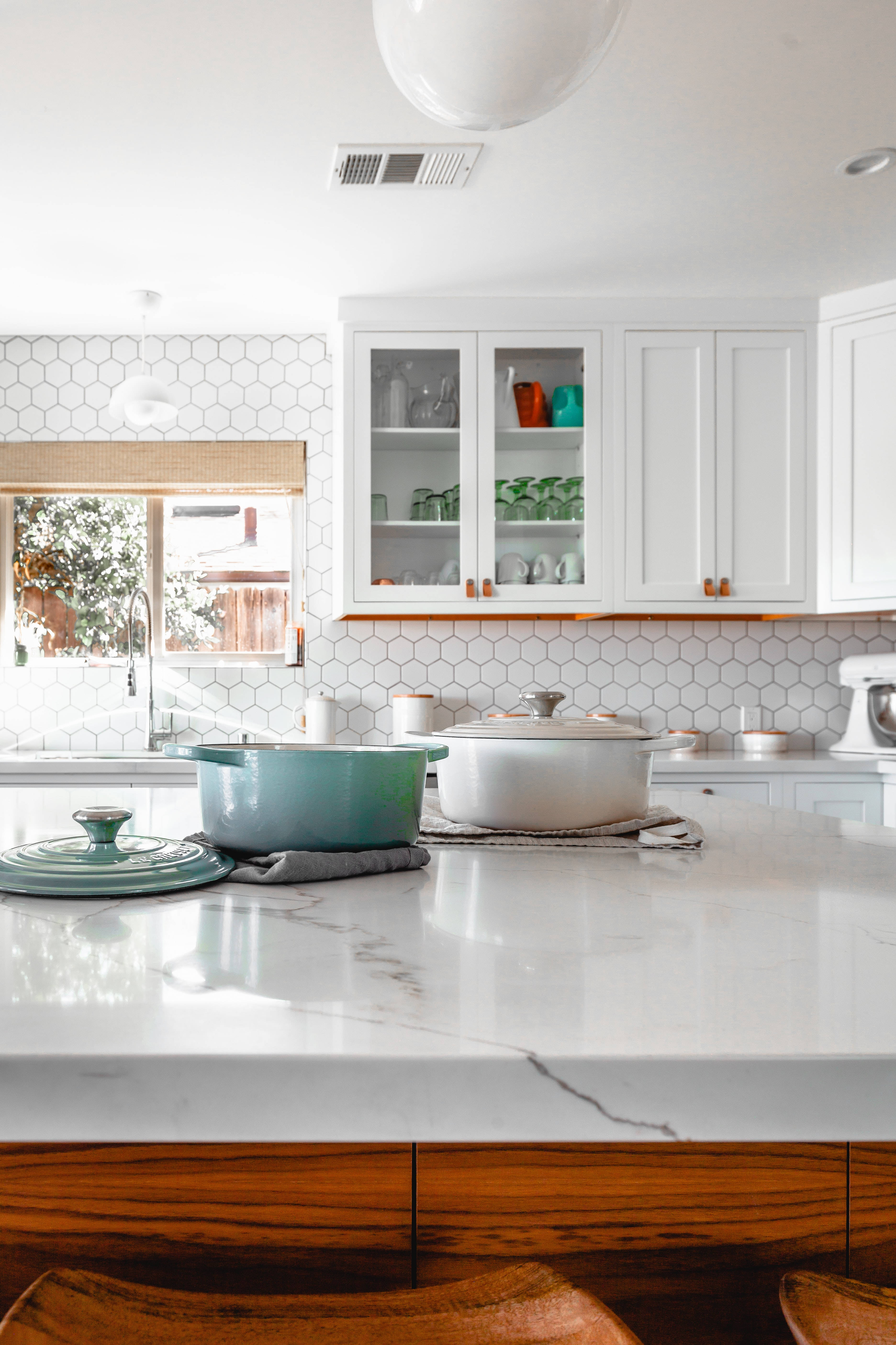 white marble tabletop, wooden base, white hexagonal tile backsplash, 5K Phone Wallpaper