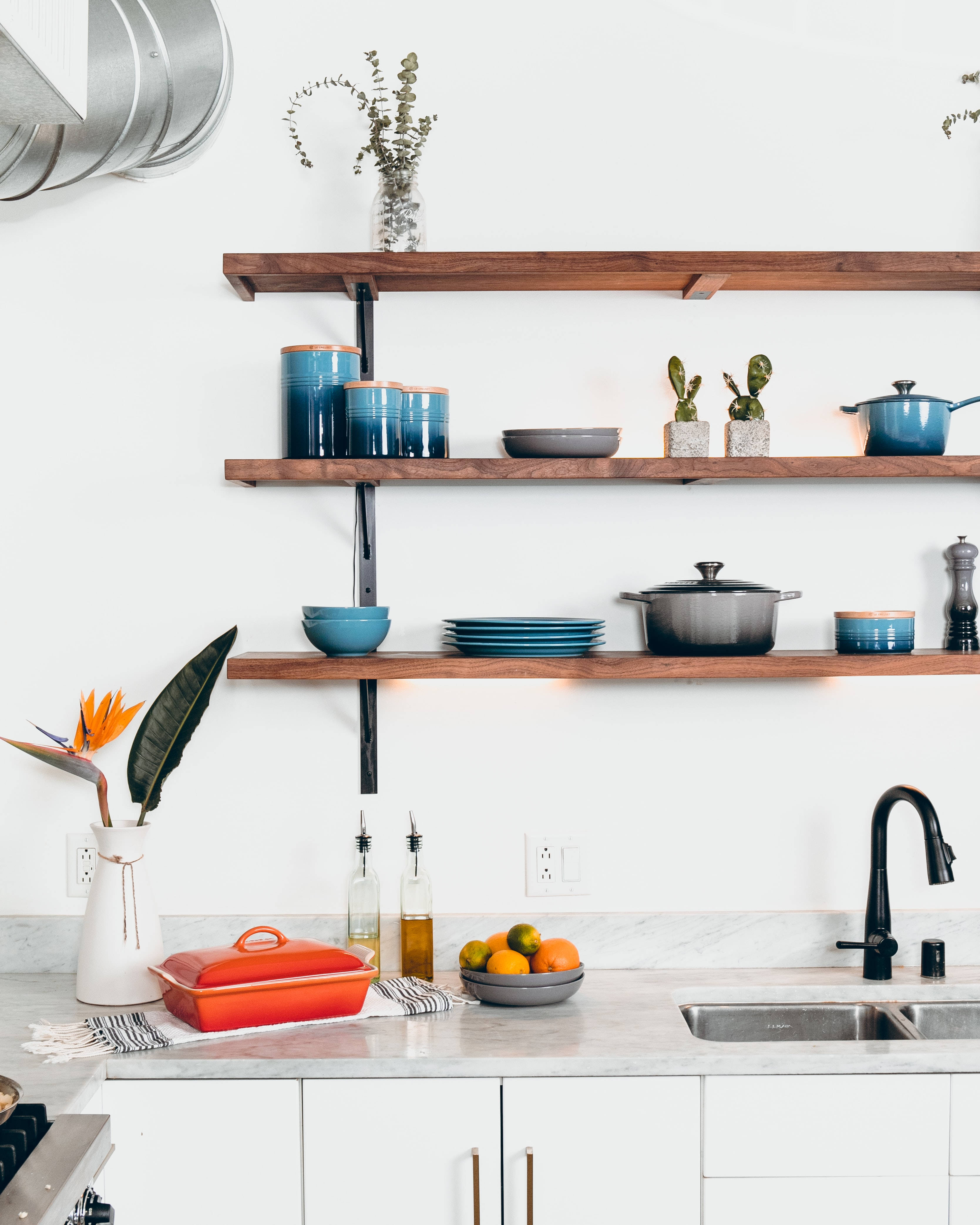 white kitchen corner, white cabinets, marble countertops, 4K Phone Wallpaper