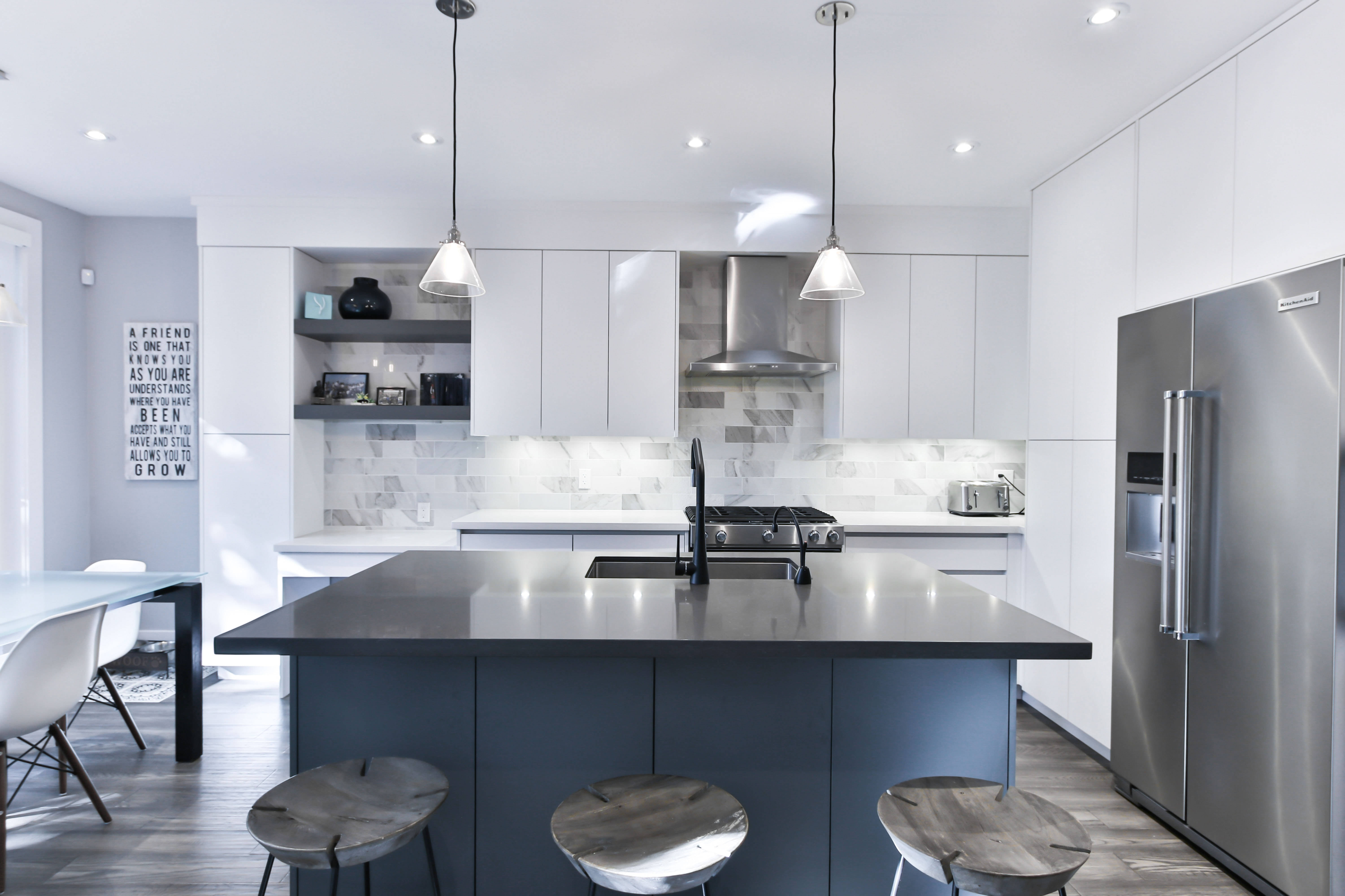 silver kitchen interior, modern minimalist kitchen, white cabinets, 5K Desktop Wallpaper