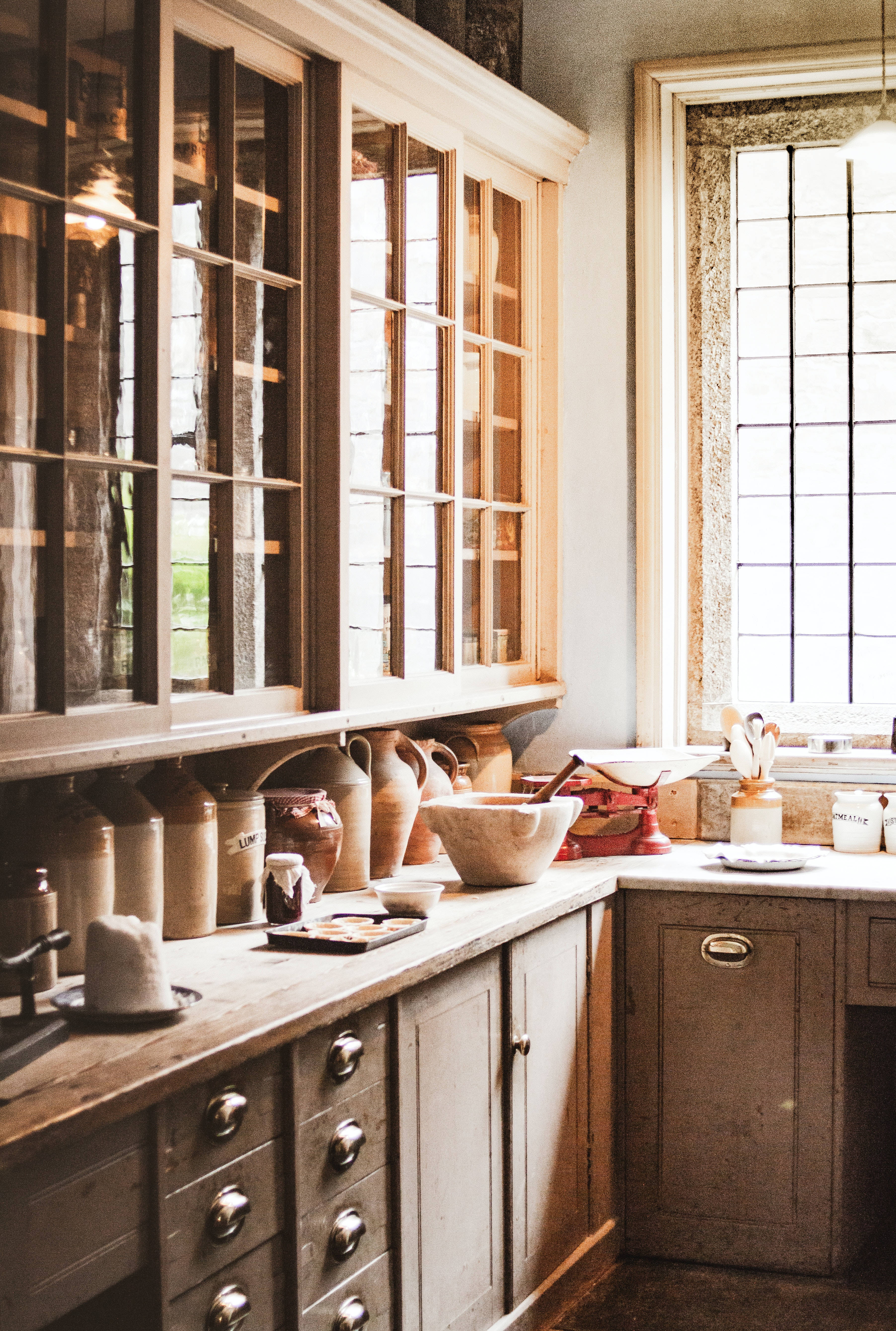 vintage kitchen, wooden cabinets, glass doors, 5K Phone Wallpaper