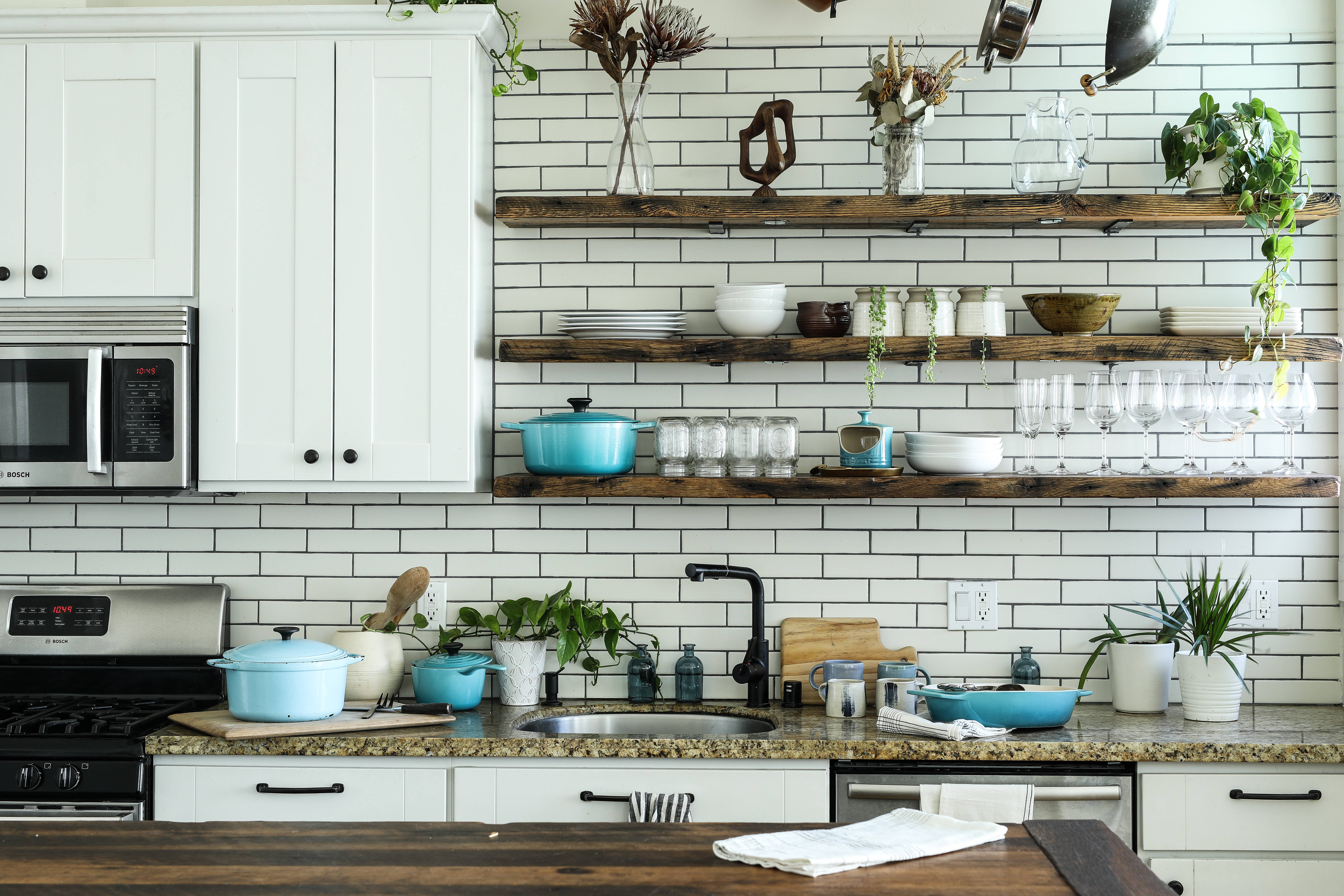 white brick wall, white subway tiles, rustic wooden shelves, 5K Desktop Wallpaper