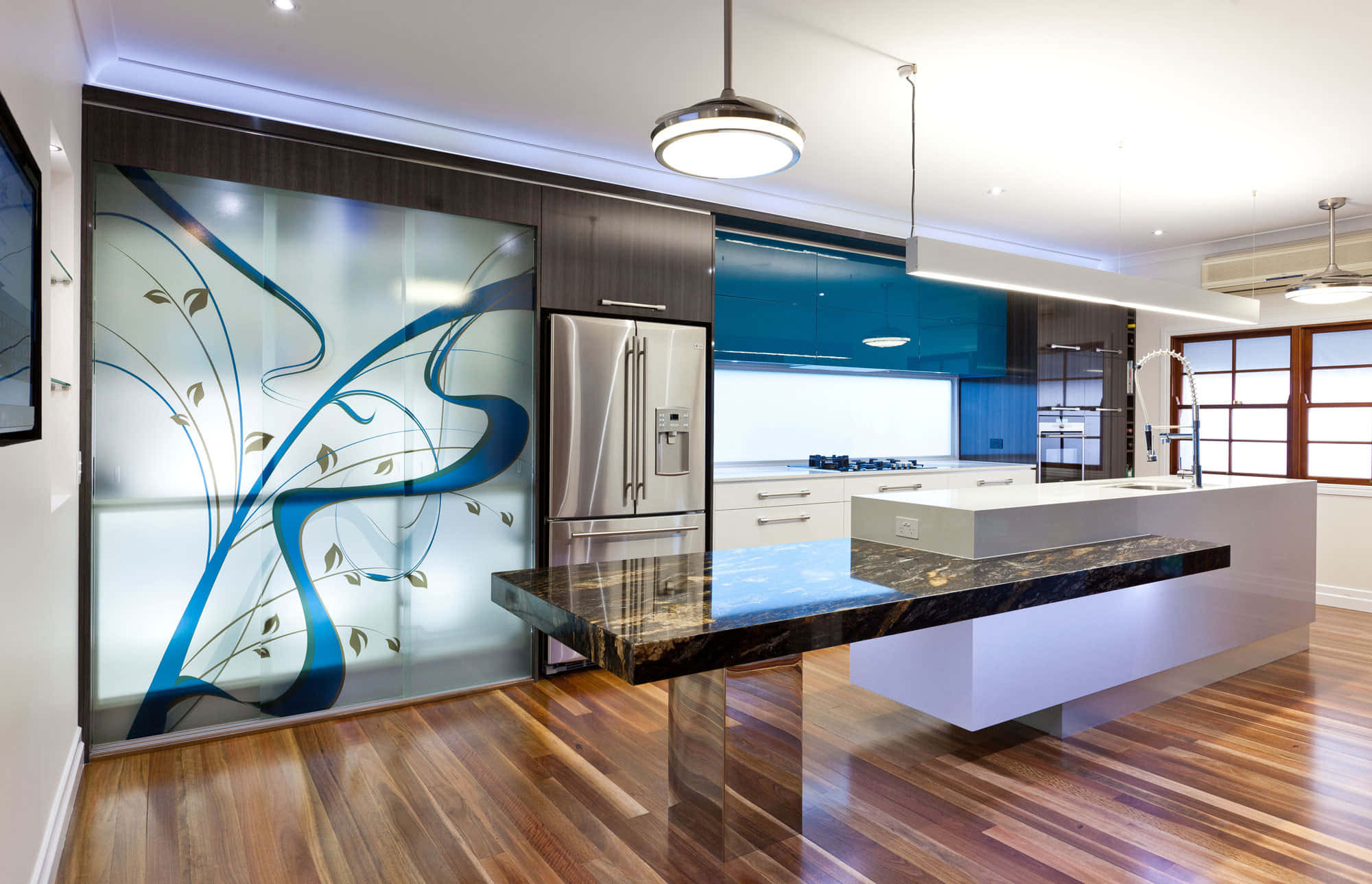 modern kitchen, wooden floor, glossy blue cabinets, Full HD Desktop Wallpaper