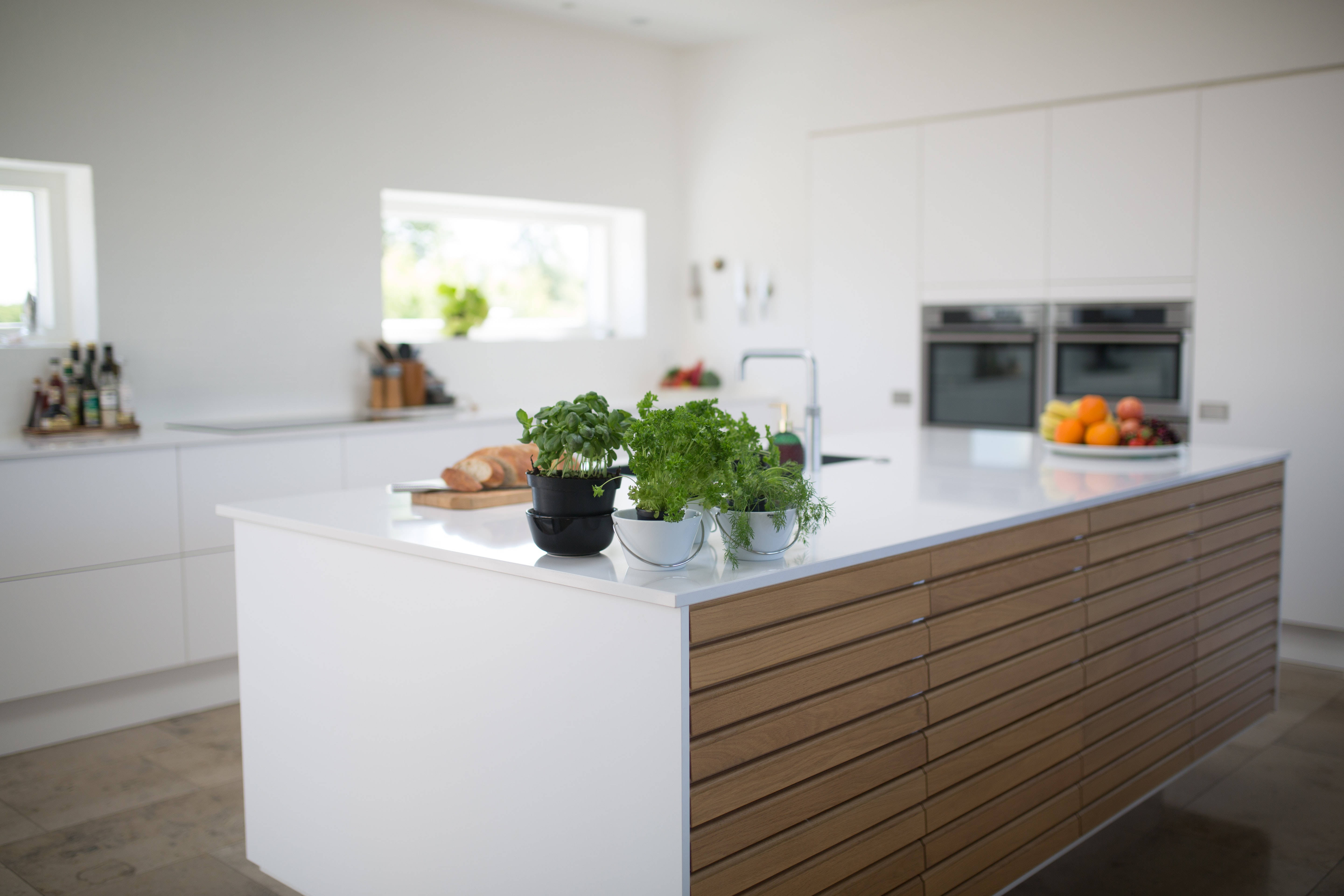 U-Shape, white kitchen, white island, 5K Desktop Wallpaper