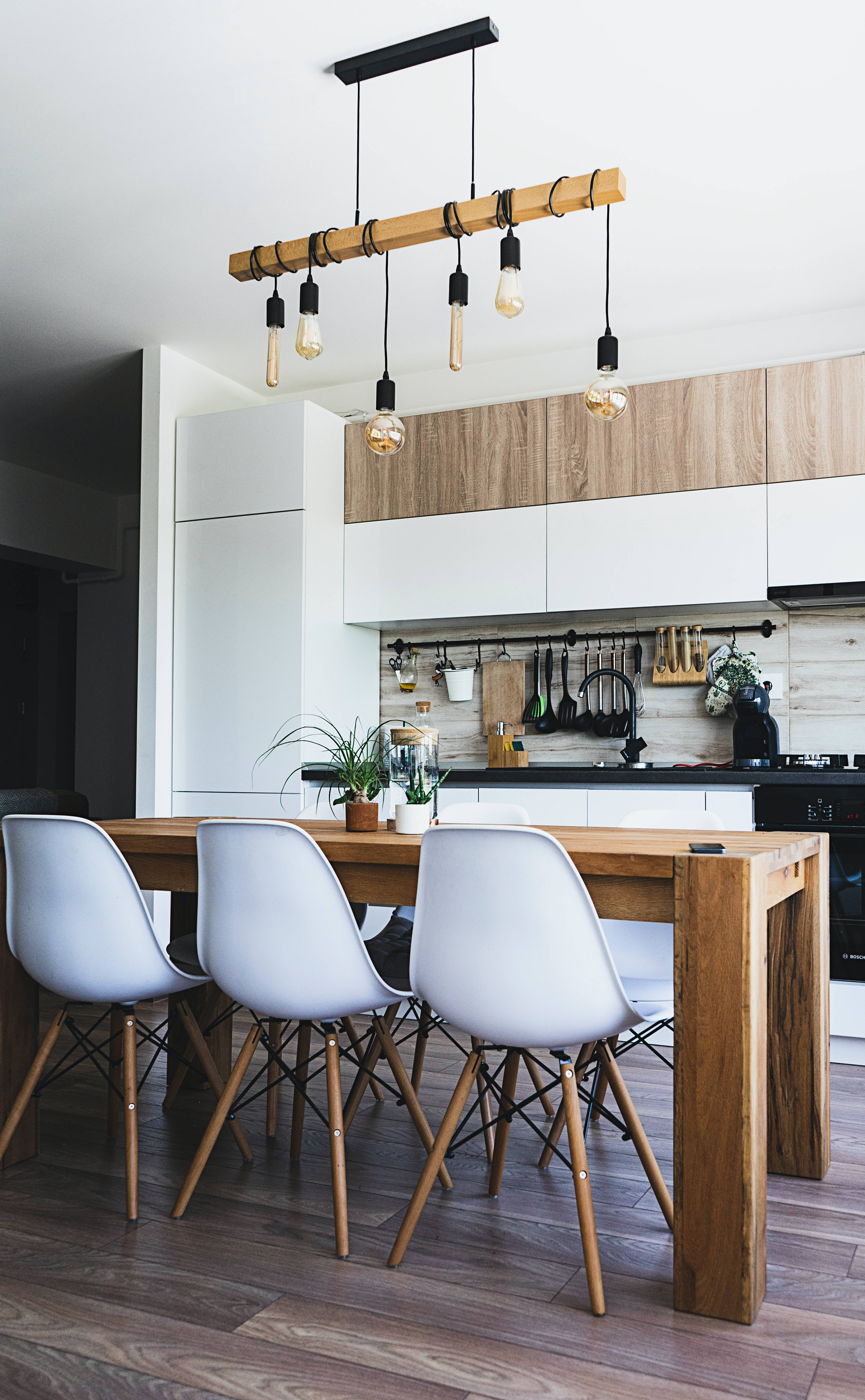 wooden table, white Nordic chair, rustic wooden pendant light, 5K Phone Wallpaper
