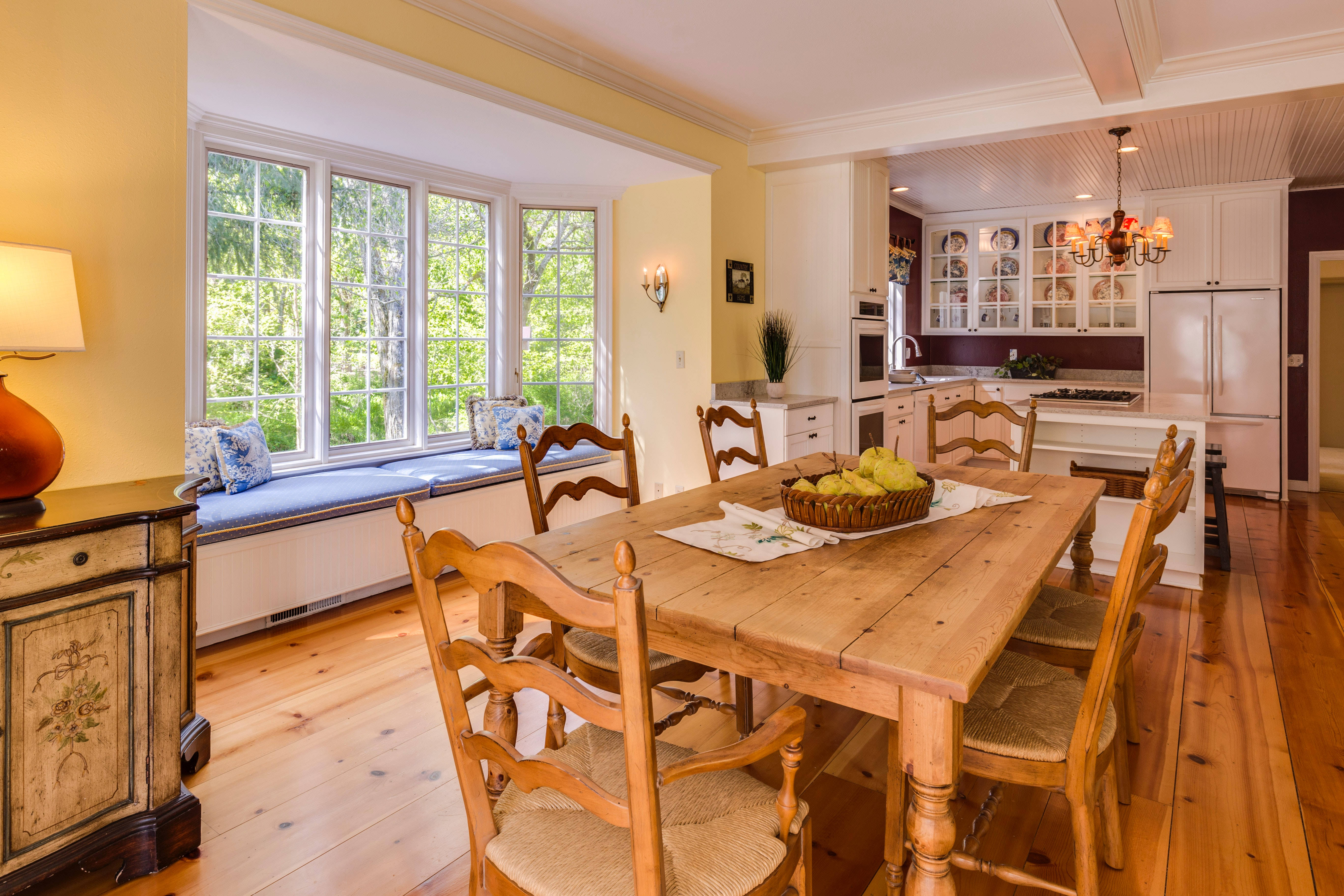 natural warm light, rustic dining room, wooden table, 5K Desktop Wallpaper