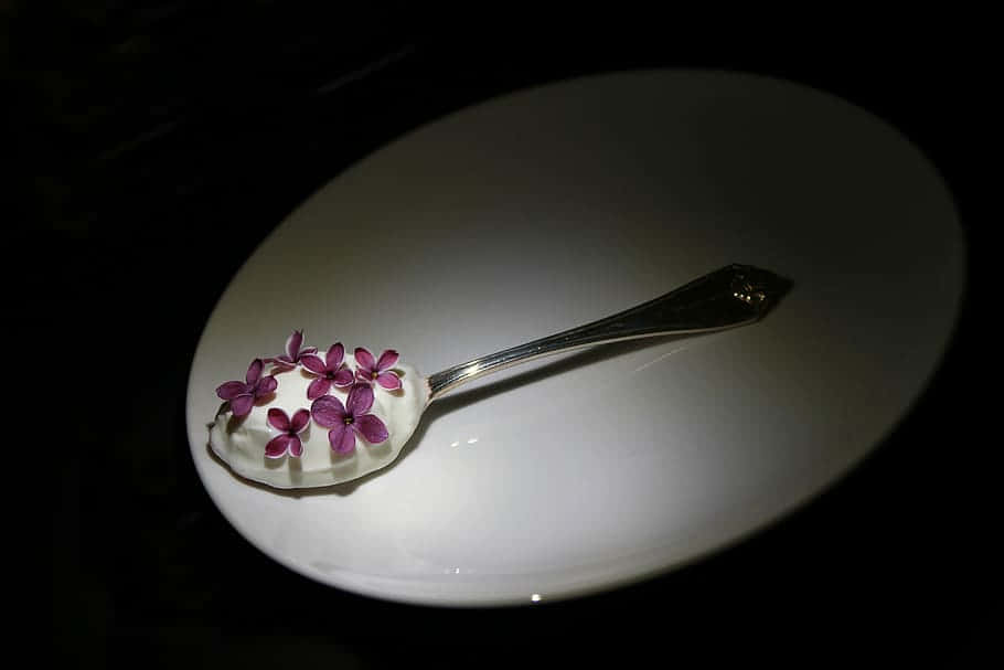 silver spoon, creamy white dessert, delicate purple flowers, SD Desktop Wallpaper