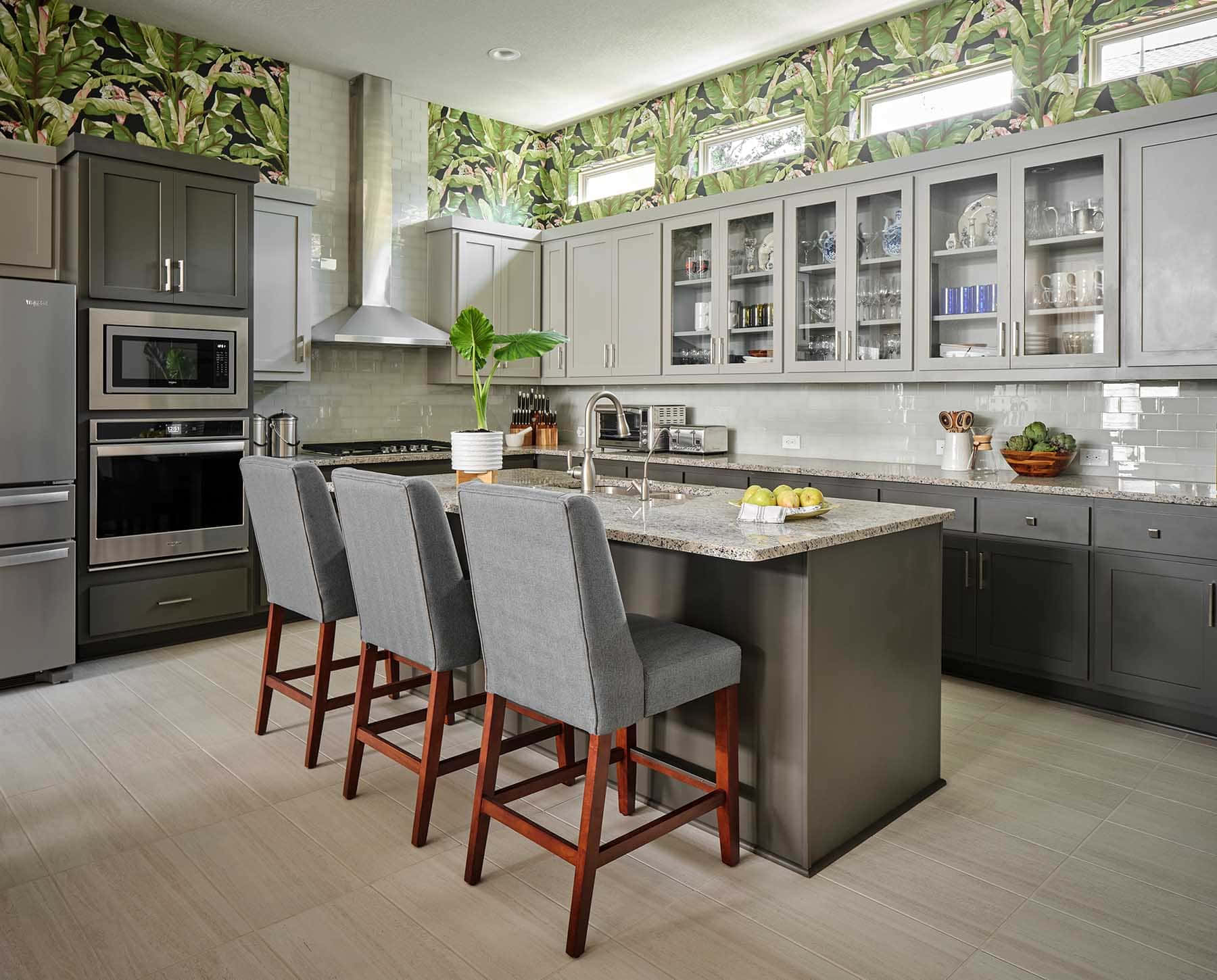 modern kitchen, gray cabinets, tropical wallpaper, HD Desktop Wallpaper