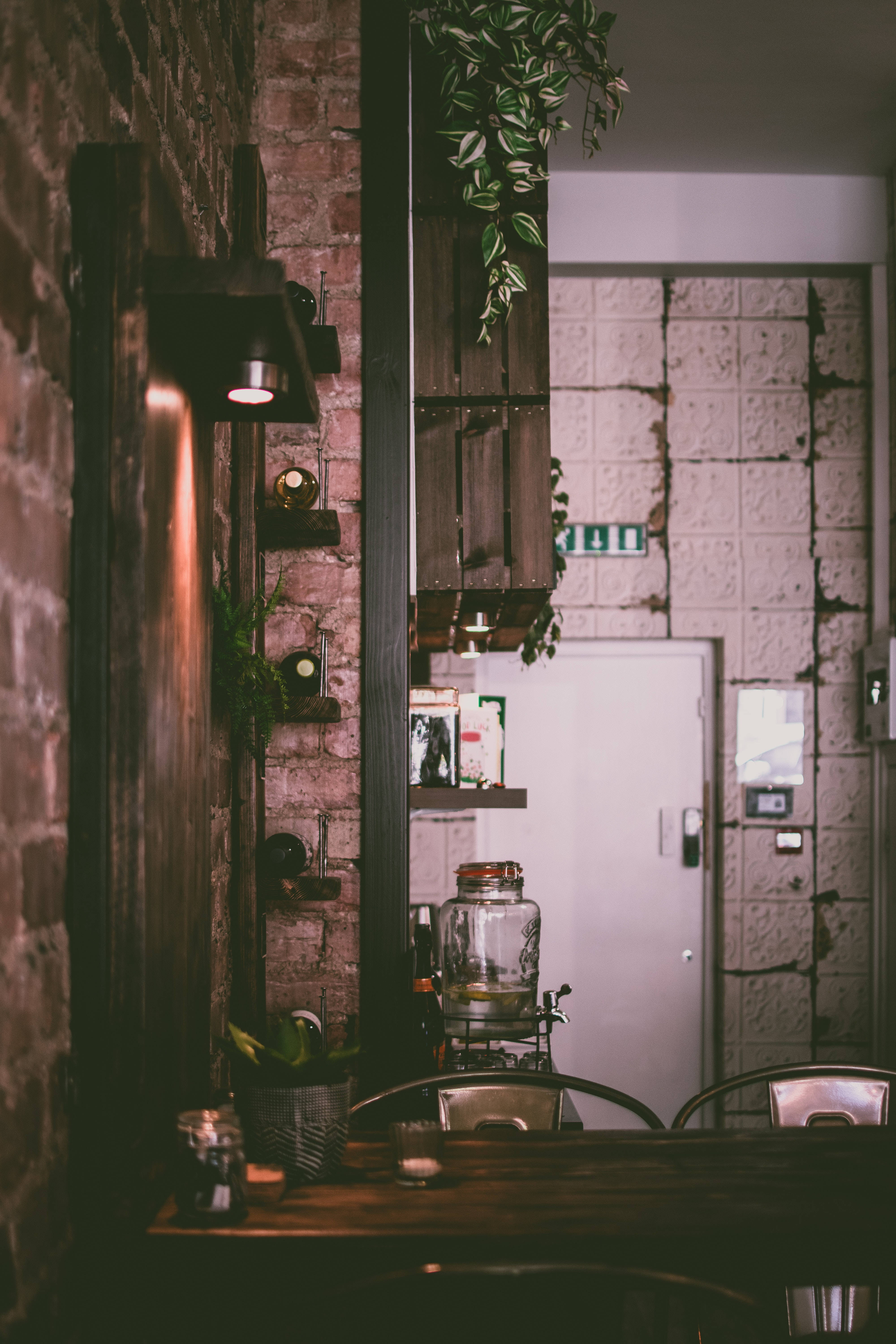 old style kitchen, rustic cafe interior, exposed brick walls, 5K Phone Wallpaper