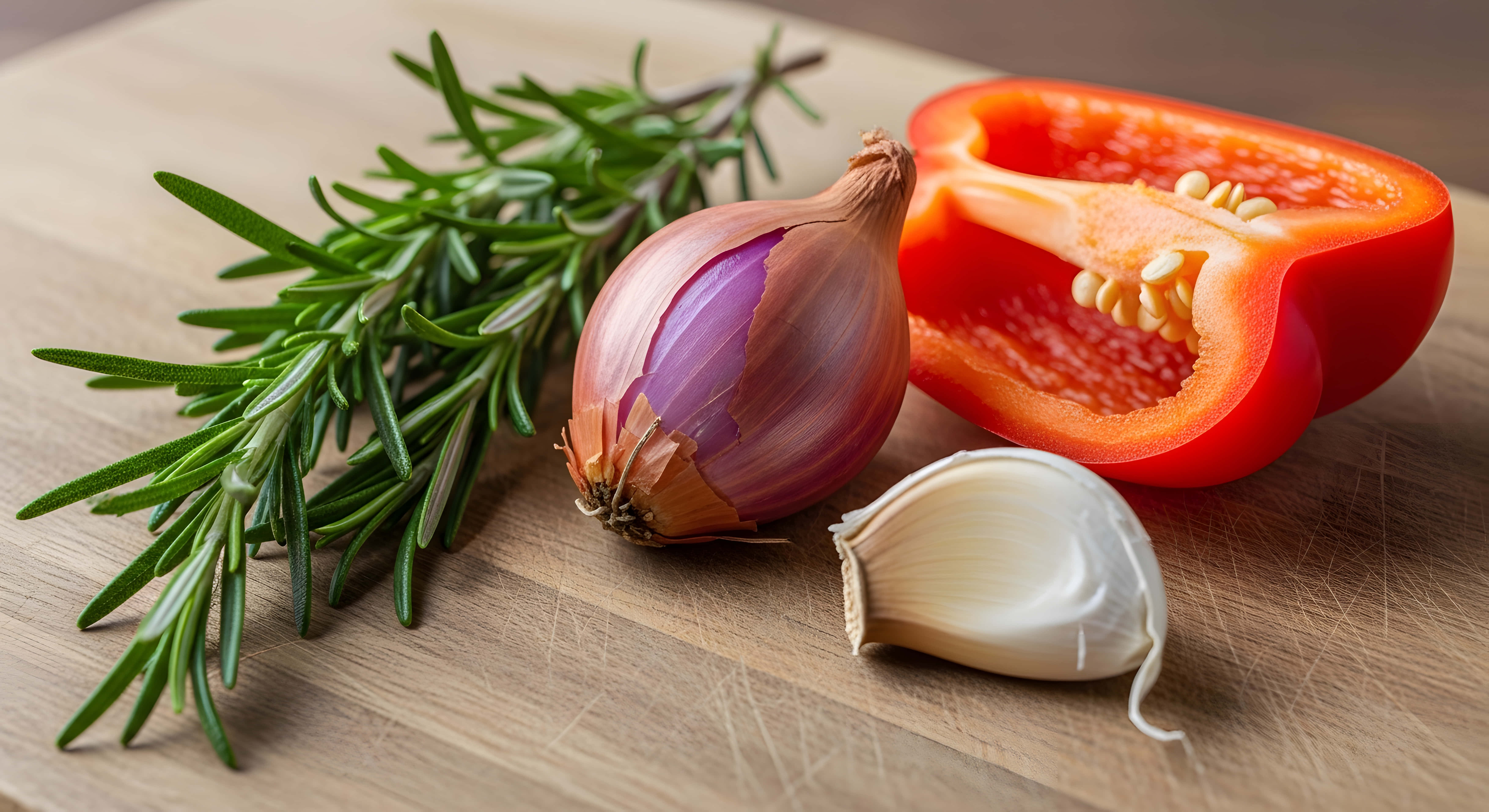 rosemary, shallot bulb, red bell pepper, 5K Desktop Wallpaper