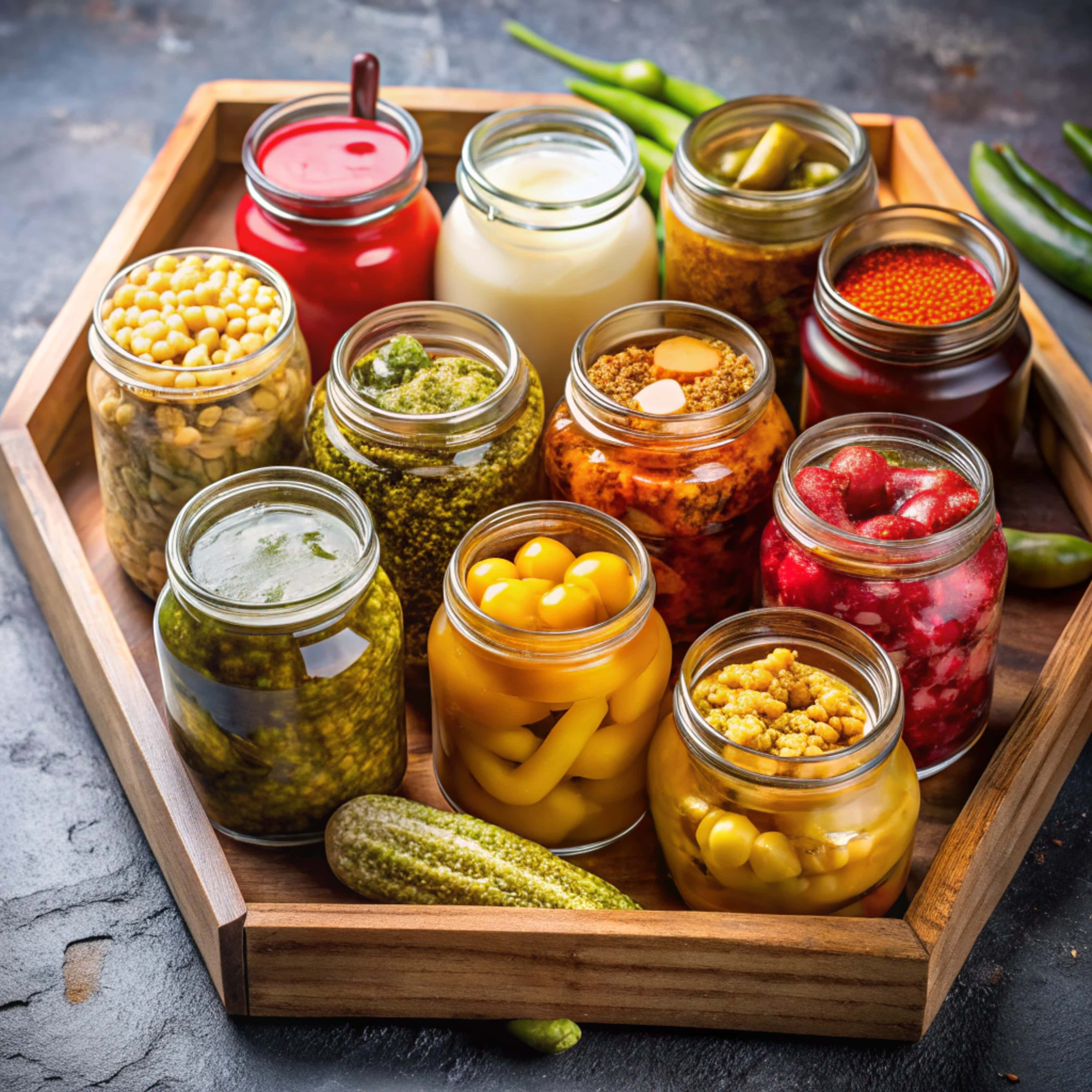 wooden tray, glass jars, pickled vegetables, 4K Desktop Wallpaper